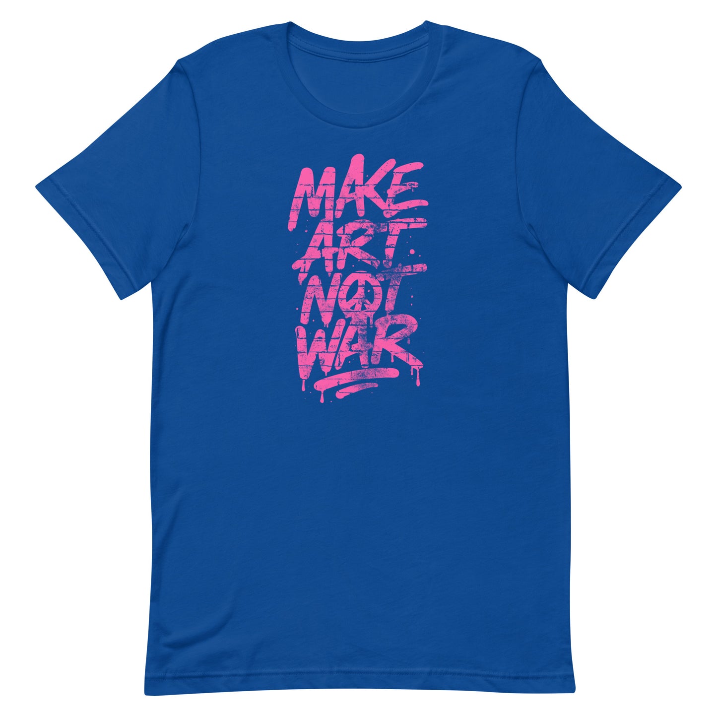 Front View Image: Front view of Make Art Not War graffiti protest t-shirt with bold pink spray-paint lettering