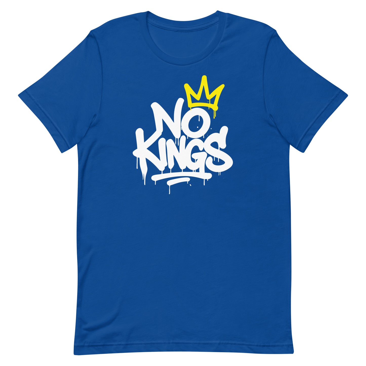 Front View Image: Front view of No Kings in America protest t-shirt with bold graffiti text and yellow crown
