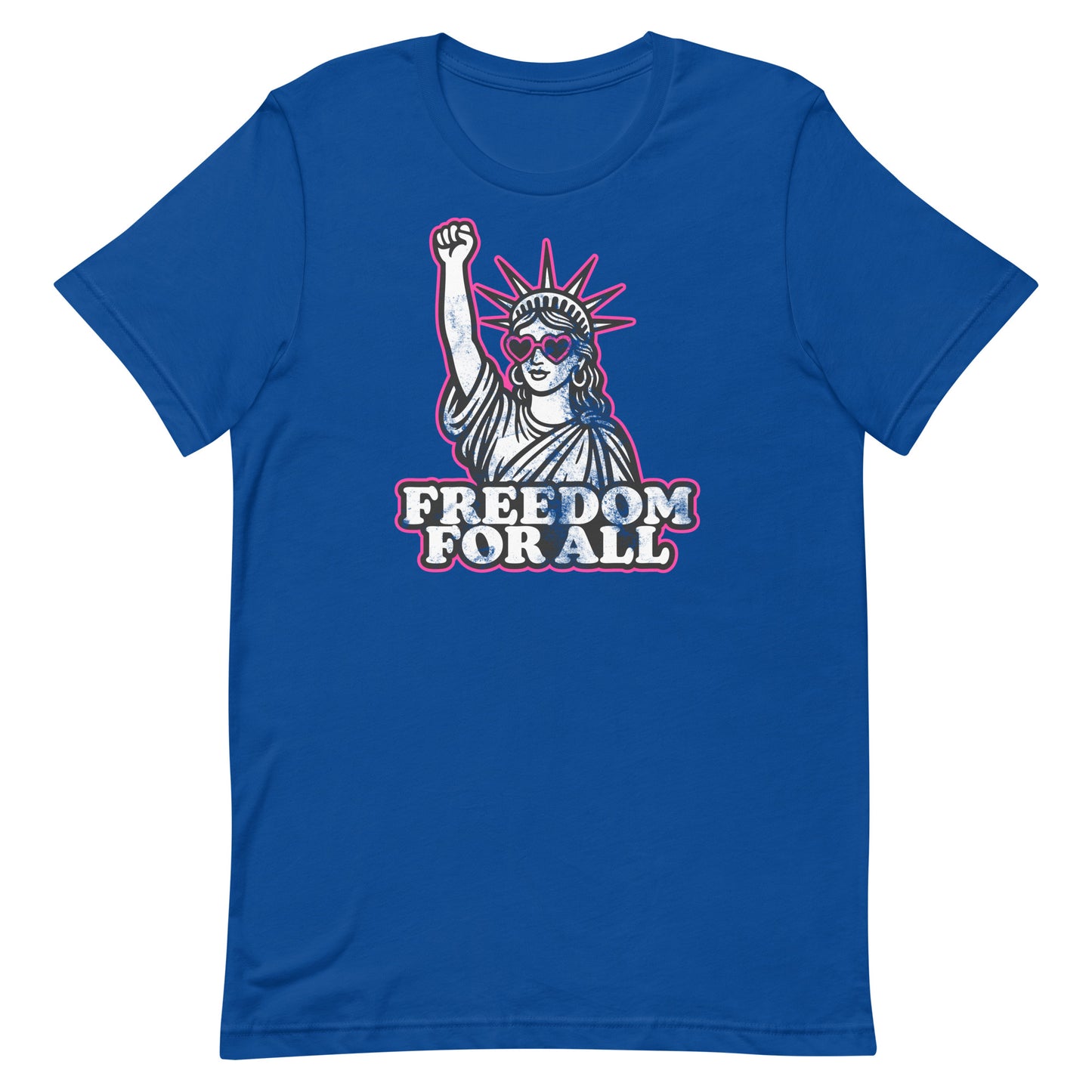 Front View Image: Front view of Freedom For All t-shirt with pink heart sunglasses and raised fist Statue of Liberty