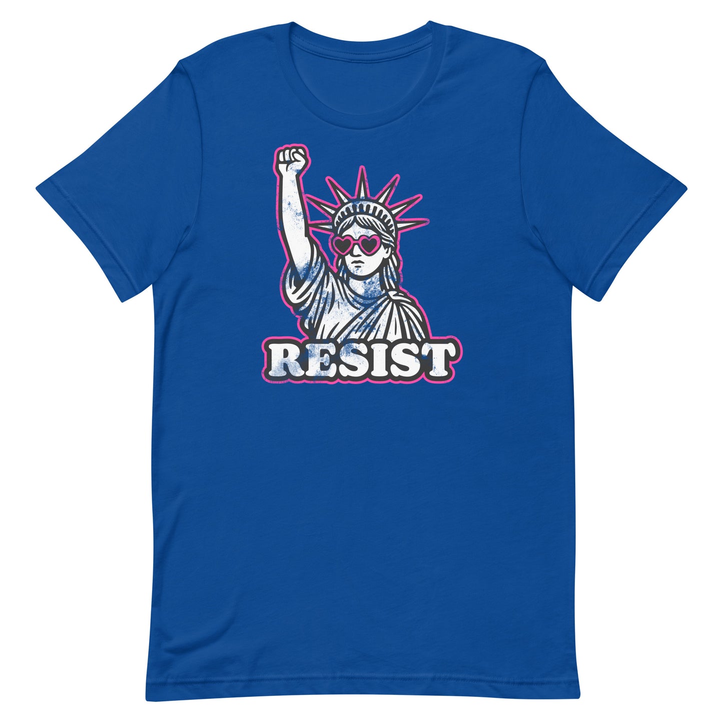 Front View Image: Front view of RESIST feminist t-shirt with raised fist Statue of Liberty and pink heart sunglasses