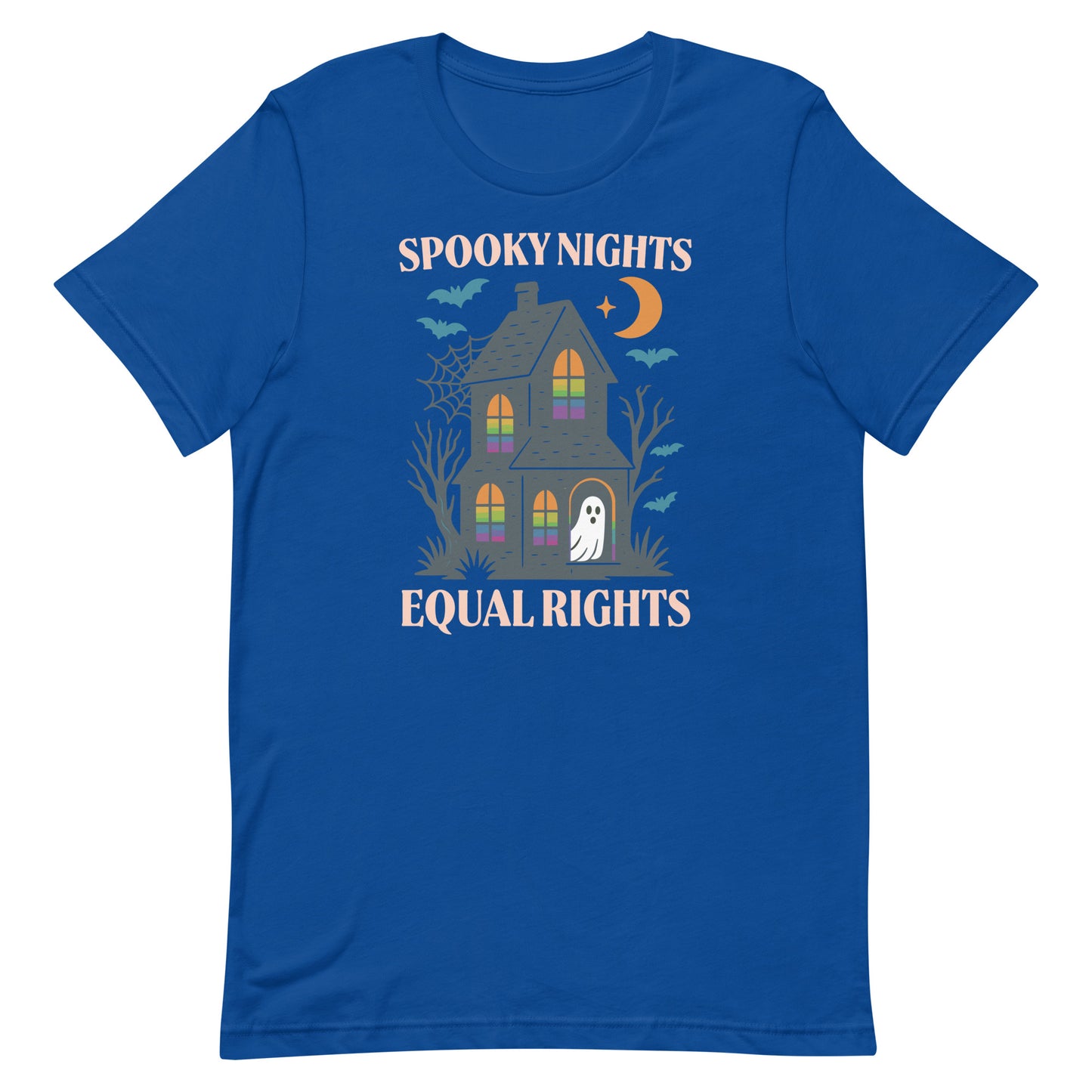 Royal blue “Spooky Nights Equal Rights” Halloween LGBTQ+ pride t-shirt, sustainable apparel from Blue Wave USA.