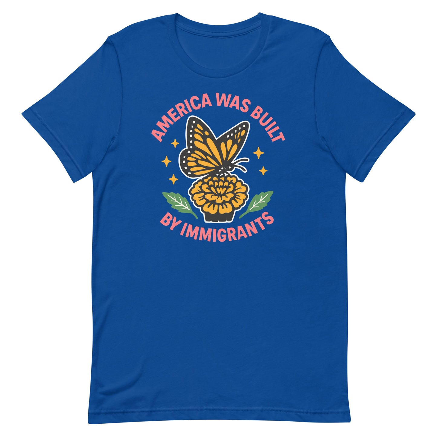 Royal blue “America Was Built by Immigrants” graphic tee, Blue Wave USA design supporting immigrant communities and unity.