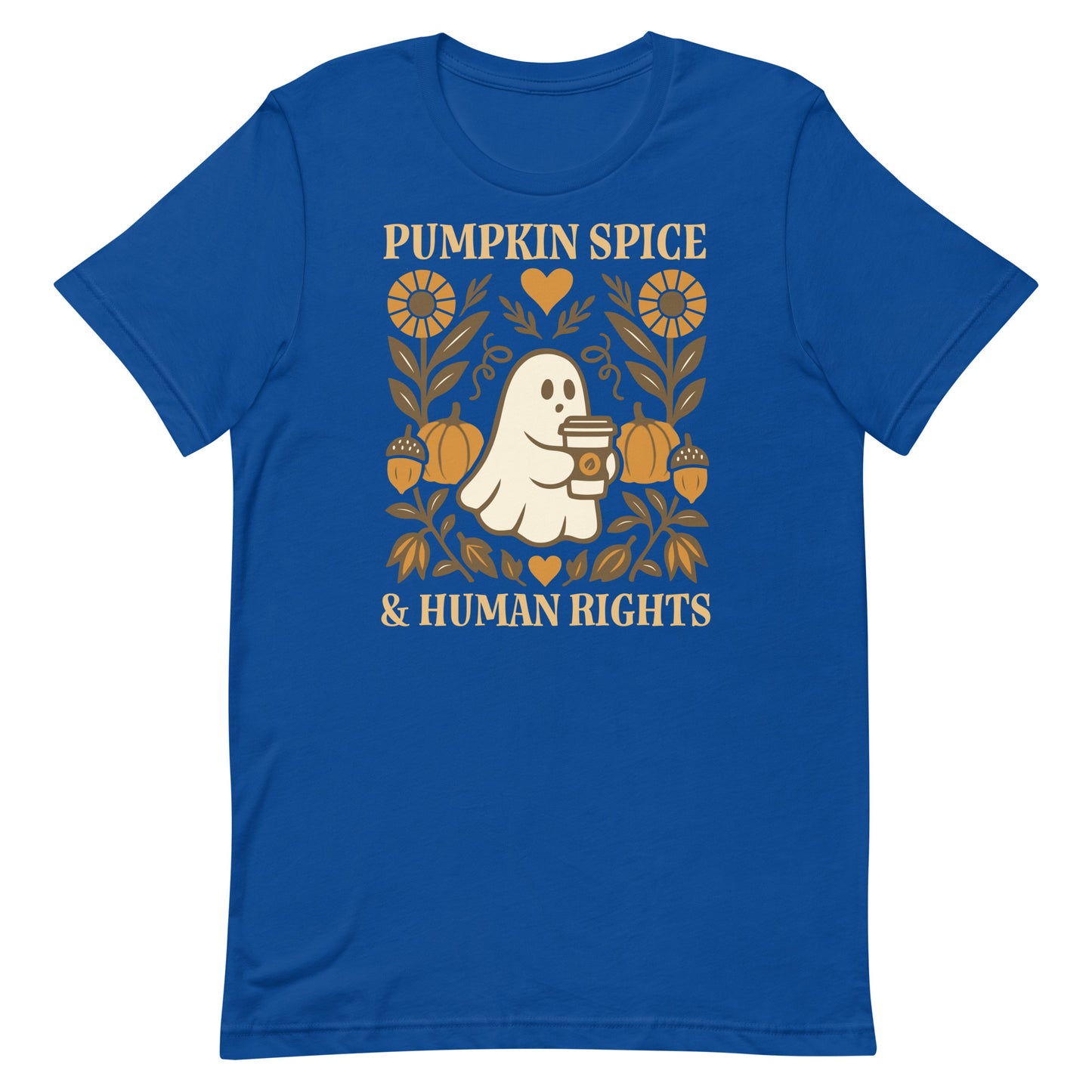 Royal blue t-shirt with “Pumpkin Spice & Human Rights” message, progressive seasonal equality apparel.