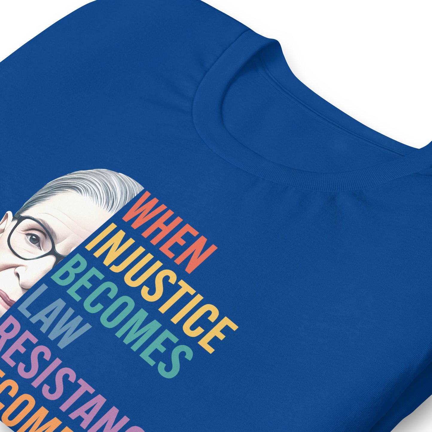 Close-Up of Design: Illustrated portrait of RBG with bold typography.