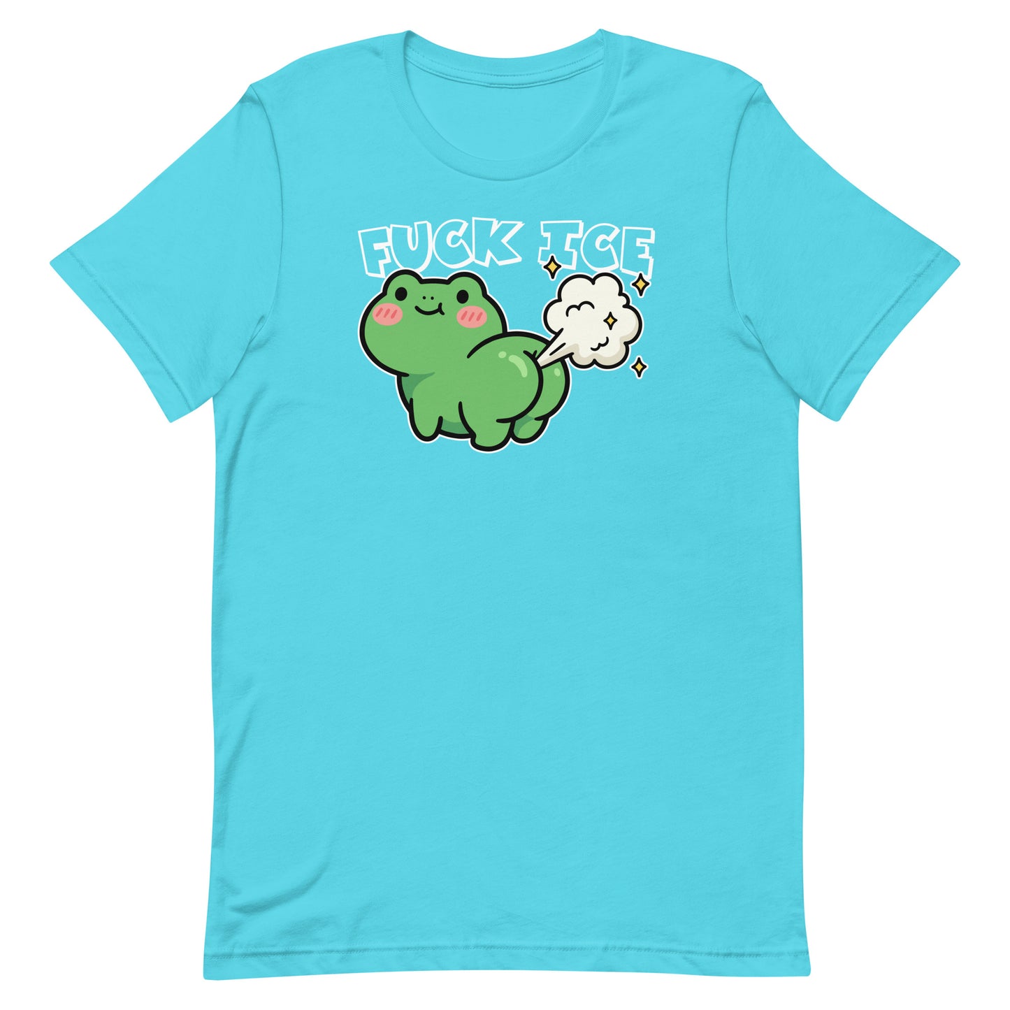 Teal unisex T-shirt featuring cartoon frog with gas cloud and “Fuck ICE” text, playful anti-ICE protest apparel with bold graphic style.