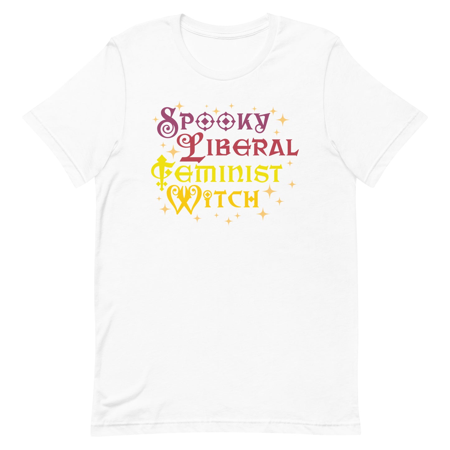 White unisex tee with “Spooky Liberal Feminist Witch” colorful type, Blue Wave USA Halloween equality wear.
