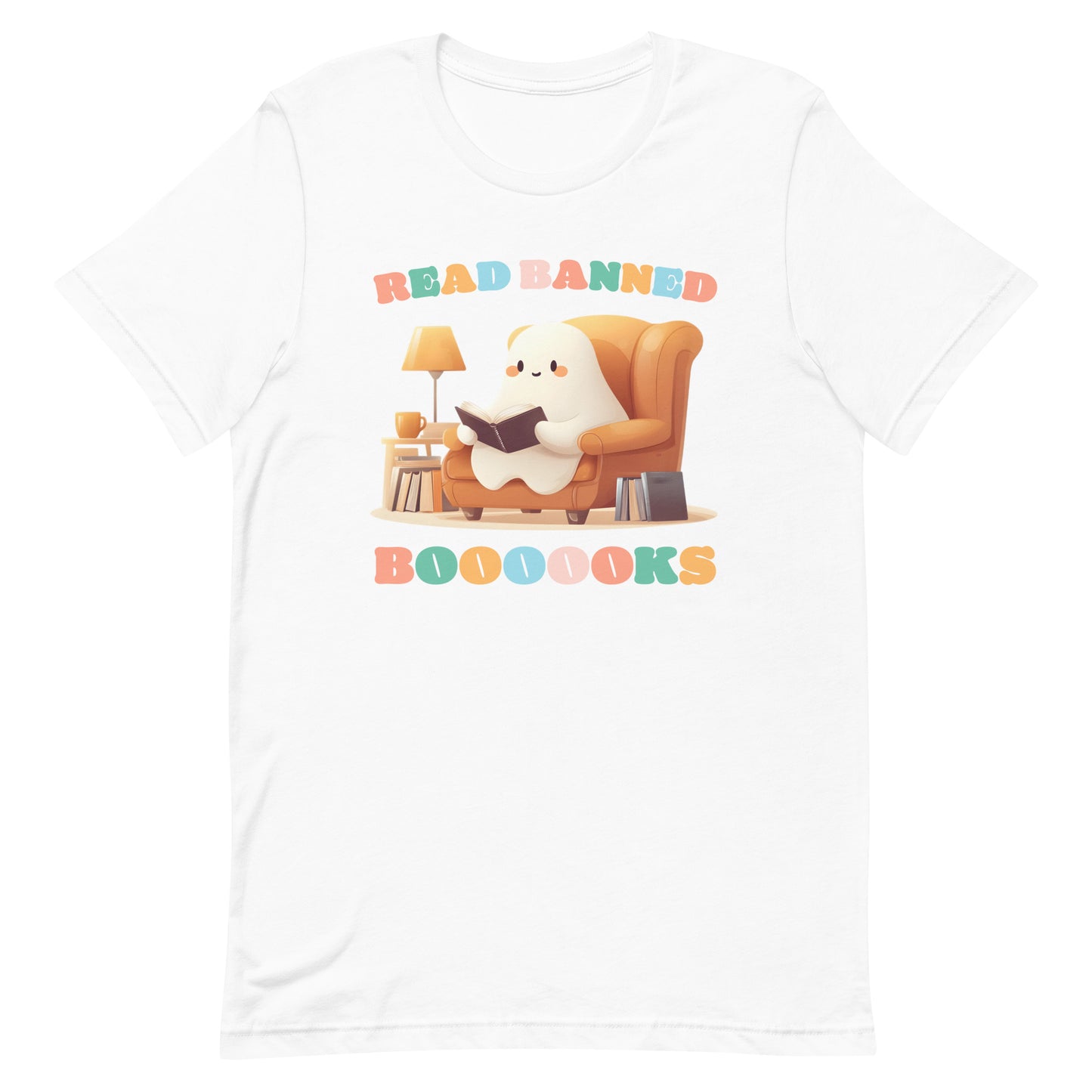 Front view of the "Read Banned Boooooks" T-Shirt featuring a cute ghost reading books.