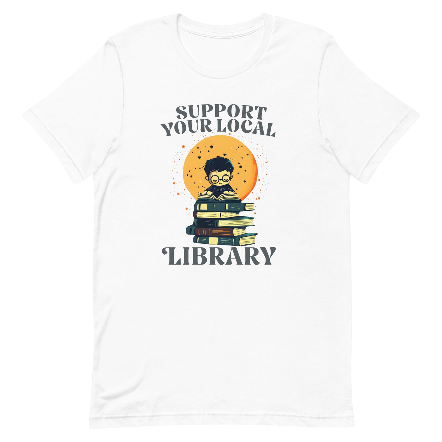 White unisex t-shirt displaying illustrated reader on stacked books beneath moon graphic with phrase “SUPPORT YOUR LOCAL ‘LIBRARY’.”