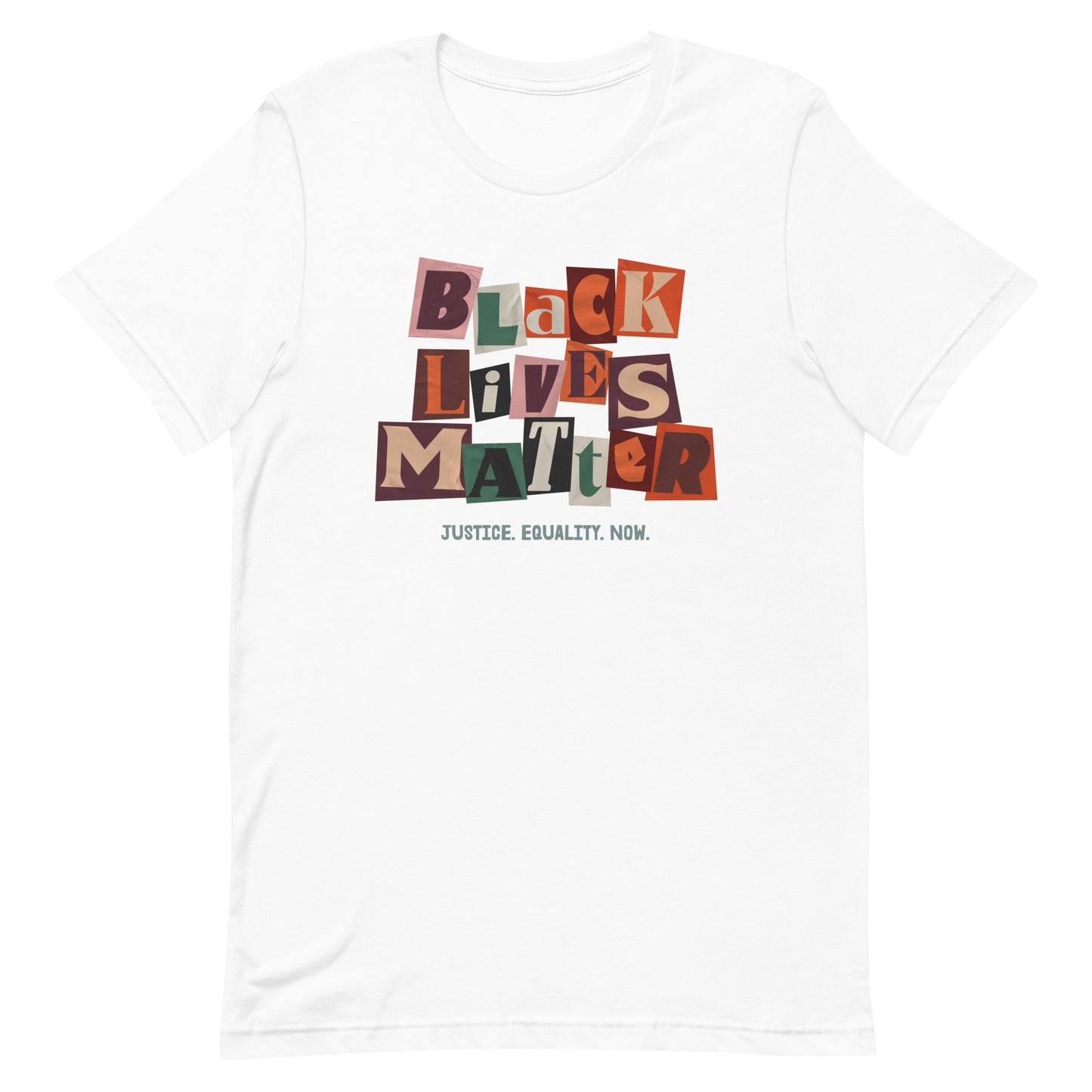 White Black Lives Matter collage-style t-shirt from Blue Wave USA, combining bold design with heartfelt activism — a timeless call for justice in motion.