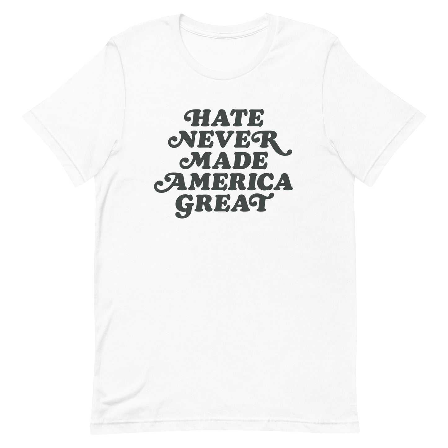 White unisex t-shirt featuring bold retro typographic graphic in black ink, centered chest design, social justice apparel from Blue Wave USA.