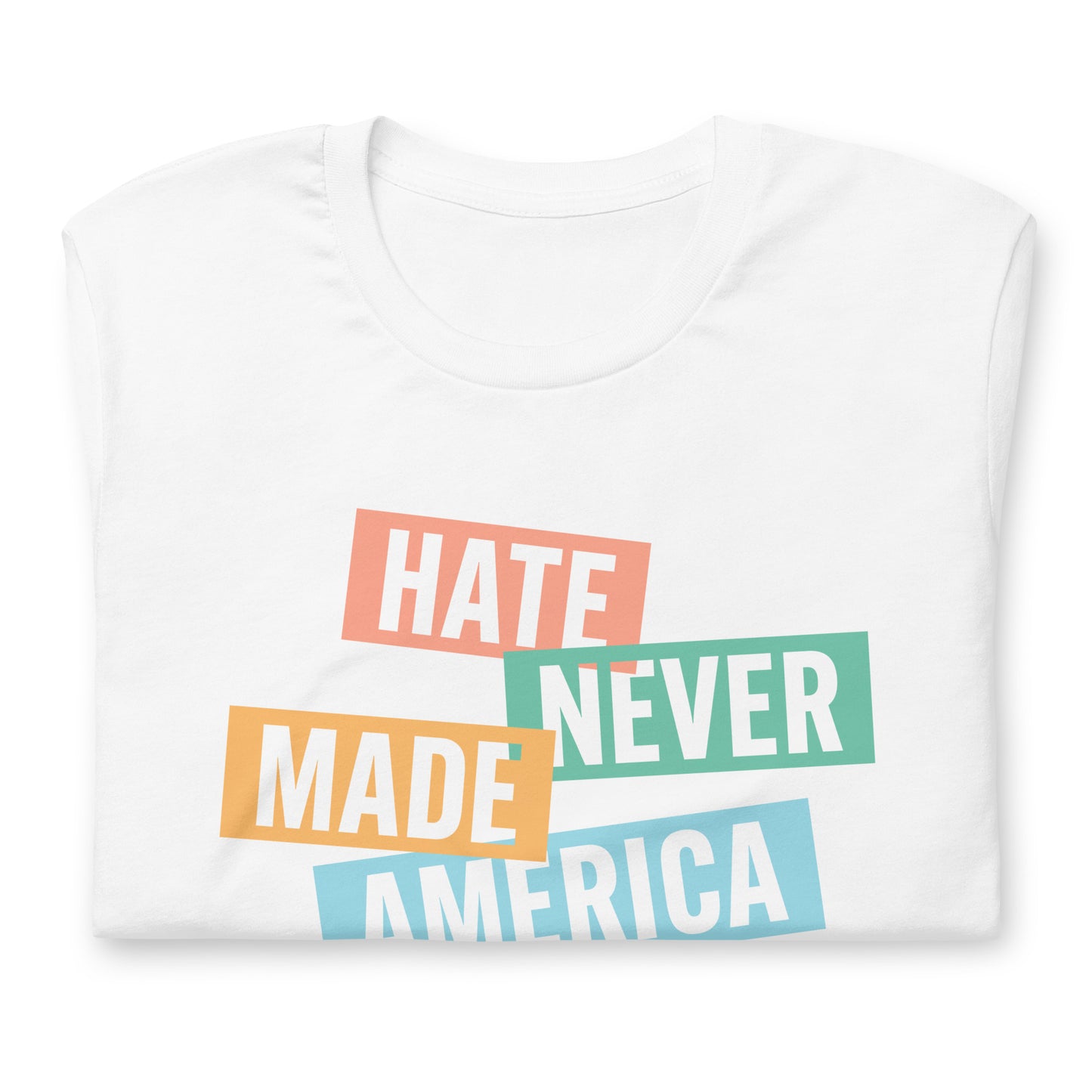 Close-up of the Hate Never Made America Great text design, emphasizing equality and activism.