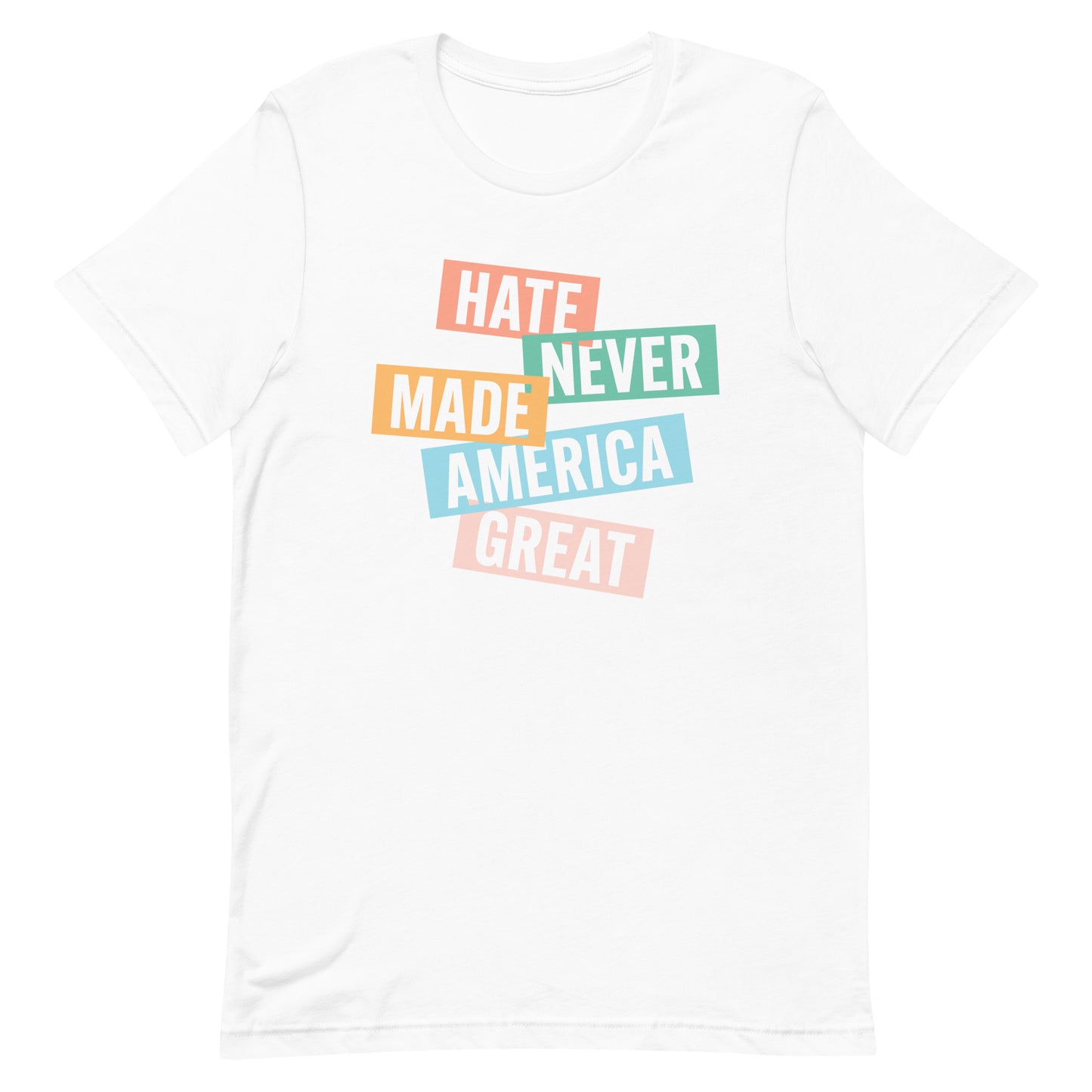 White unisex t-shirt featuring stacked pastel block typography graphic, centered social justice apparel from Blue Wave USA.