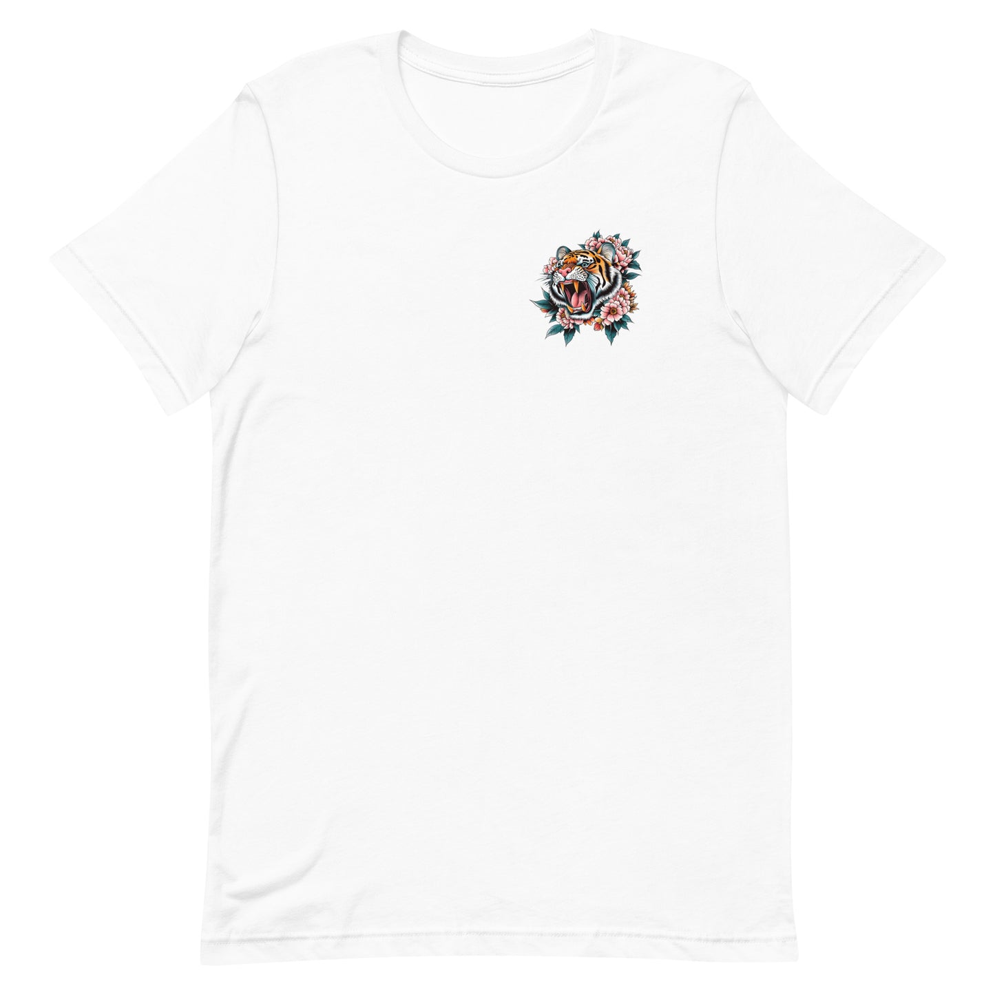 Front View Image: Women Don’t Owe You Sh*t Unisex T-Shirt with small tiger and floral emblem on the front.