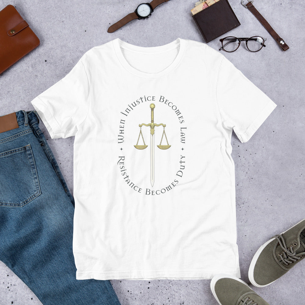 Flat lay of the unisex t-shirt featuring the justice-themed design.