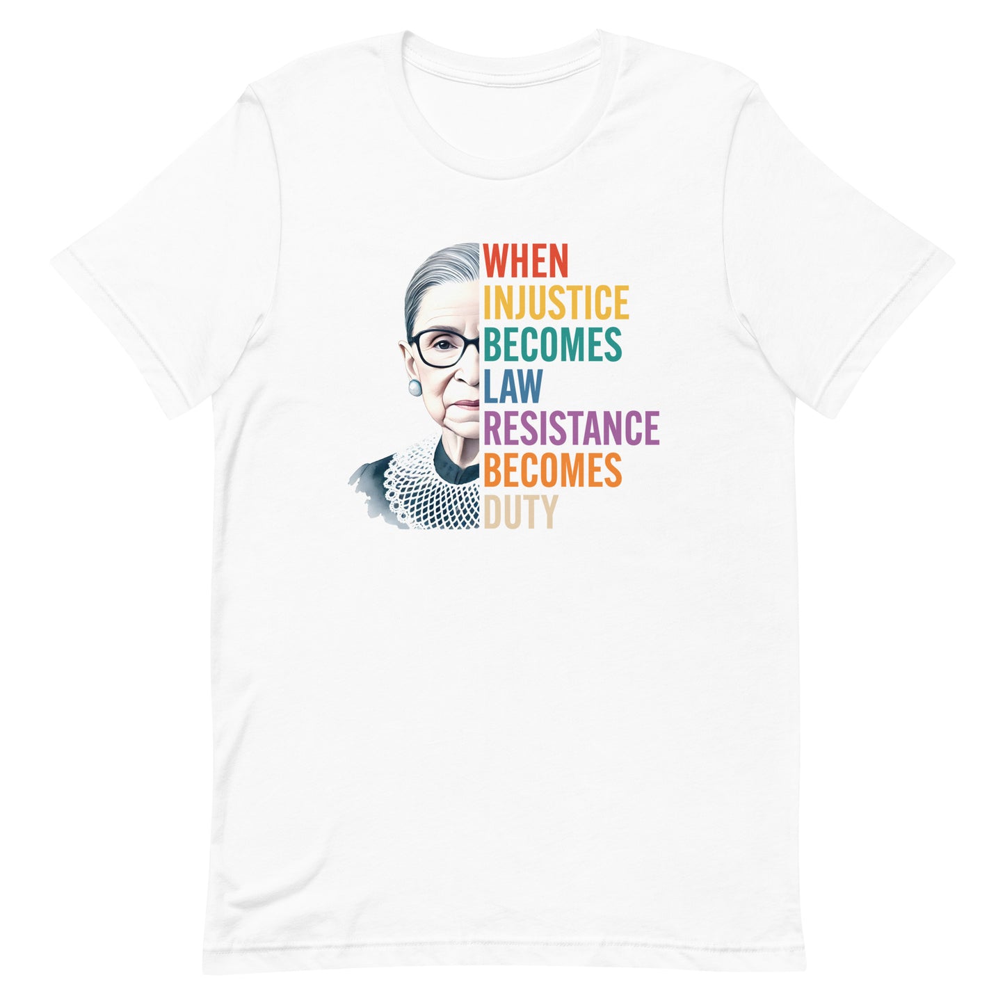 Front View Image: T-shirt with Ruth Bader Ginsburg’s portrait and the phrase “Resistance Becomes Duty.”
