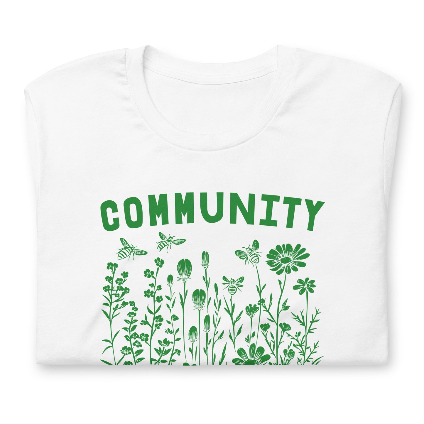 Close-Up of Design: Detailed shot of the "Community Is Resistance" text on the T-shirt.