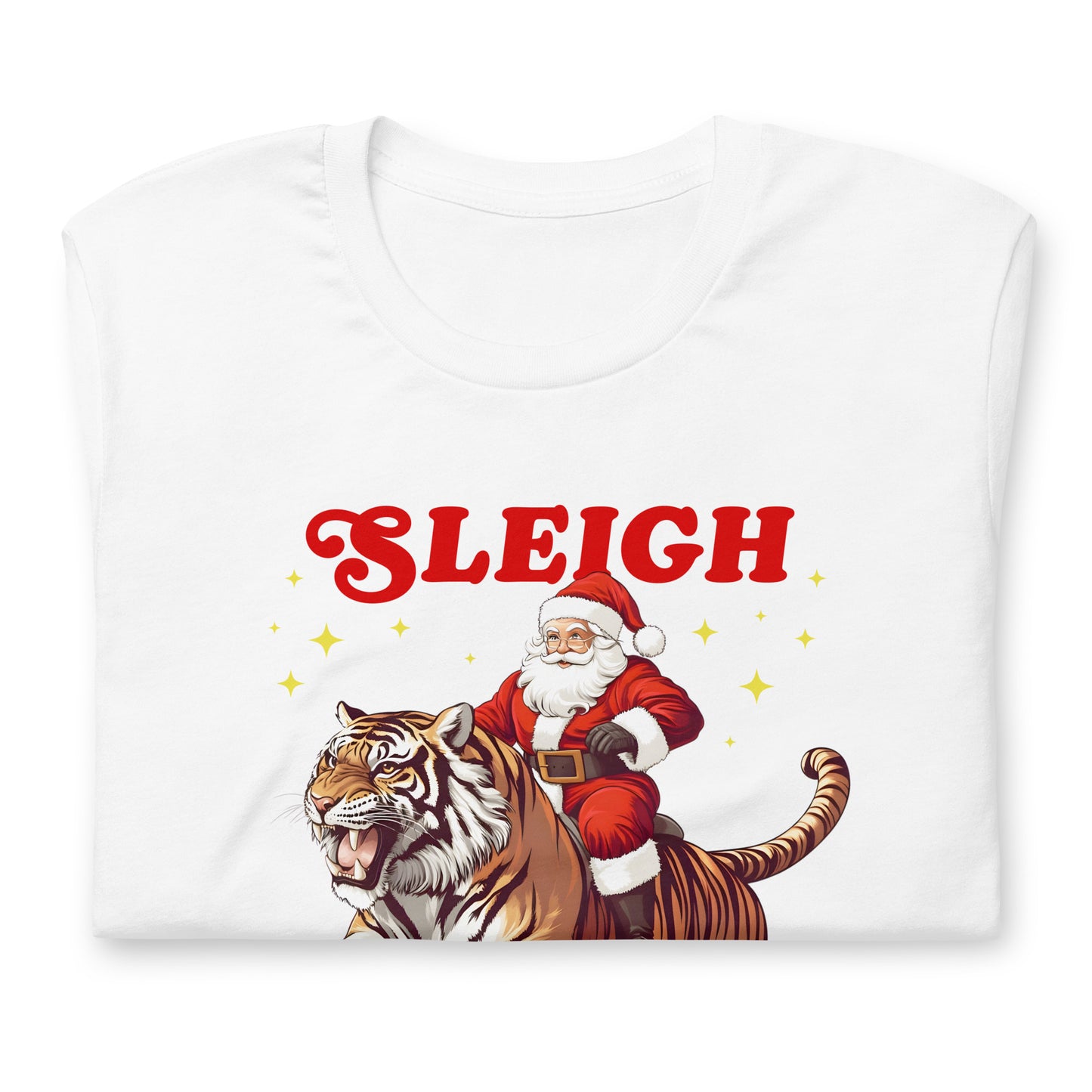 Bold feminist graphic featuring Santa on a tiger with empowering text.