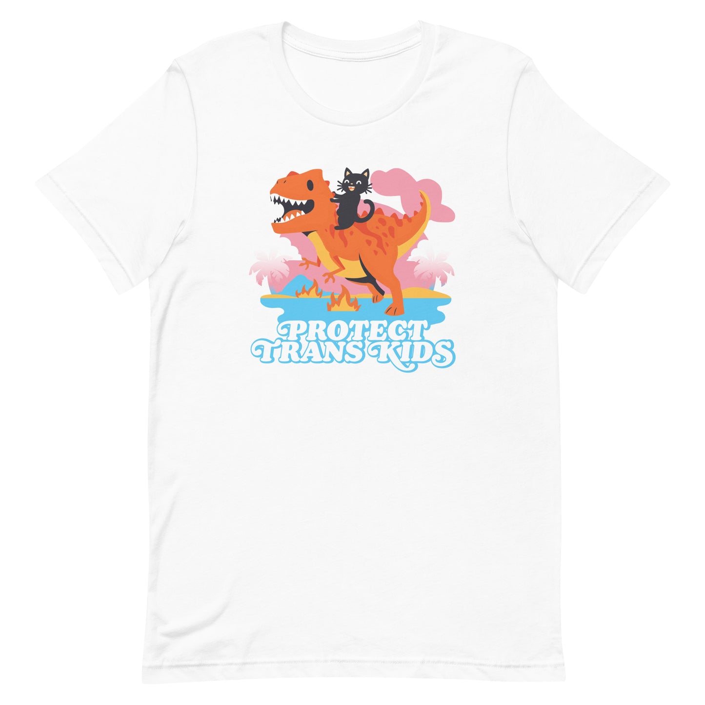 White unisex t-shirt featuring vibrant dinosaur and ally cat illustration above bold retro typography reading “Protect Trans Kids.”