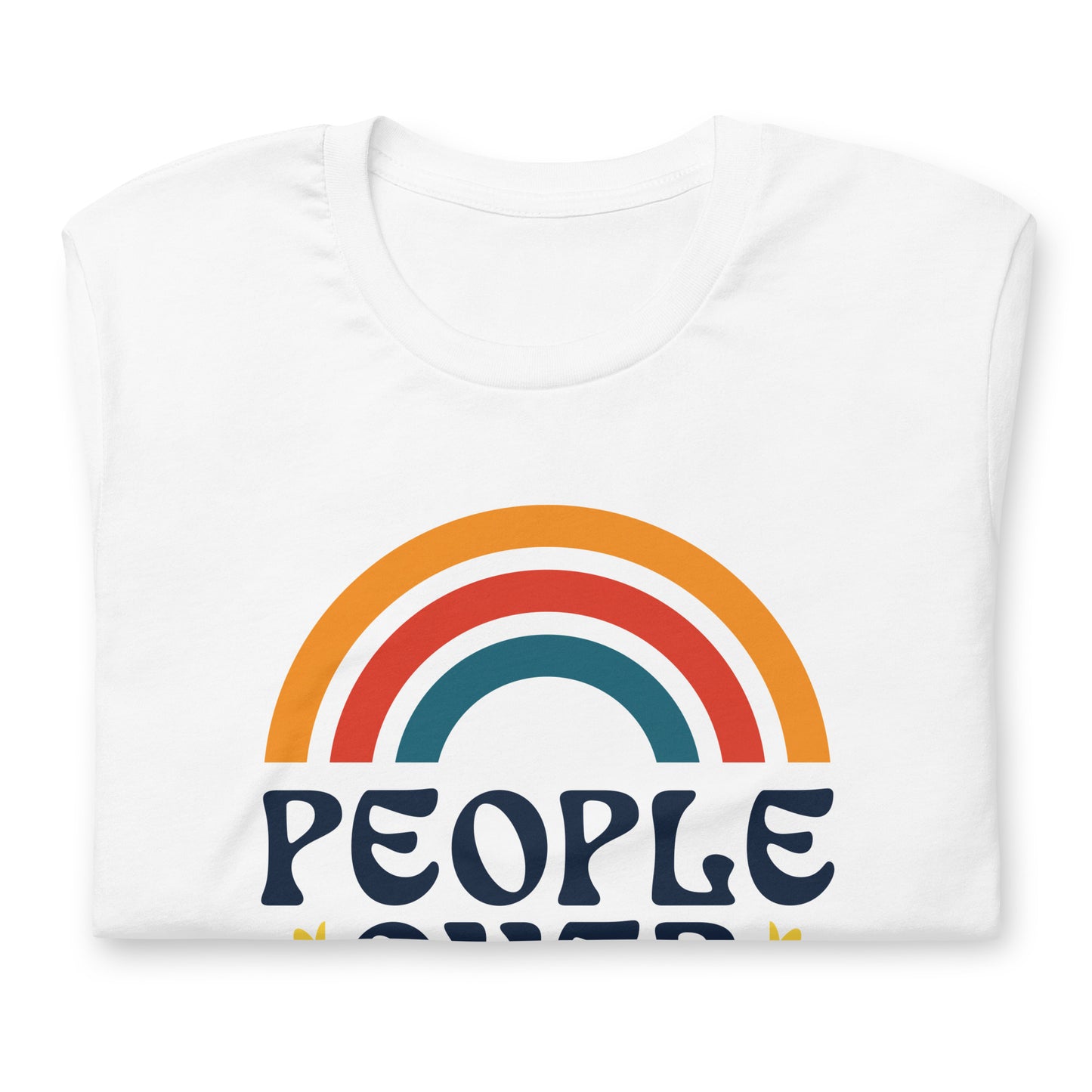 Close-up of retro rainbow graphic with “People Over Profit” text.