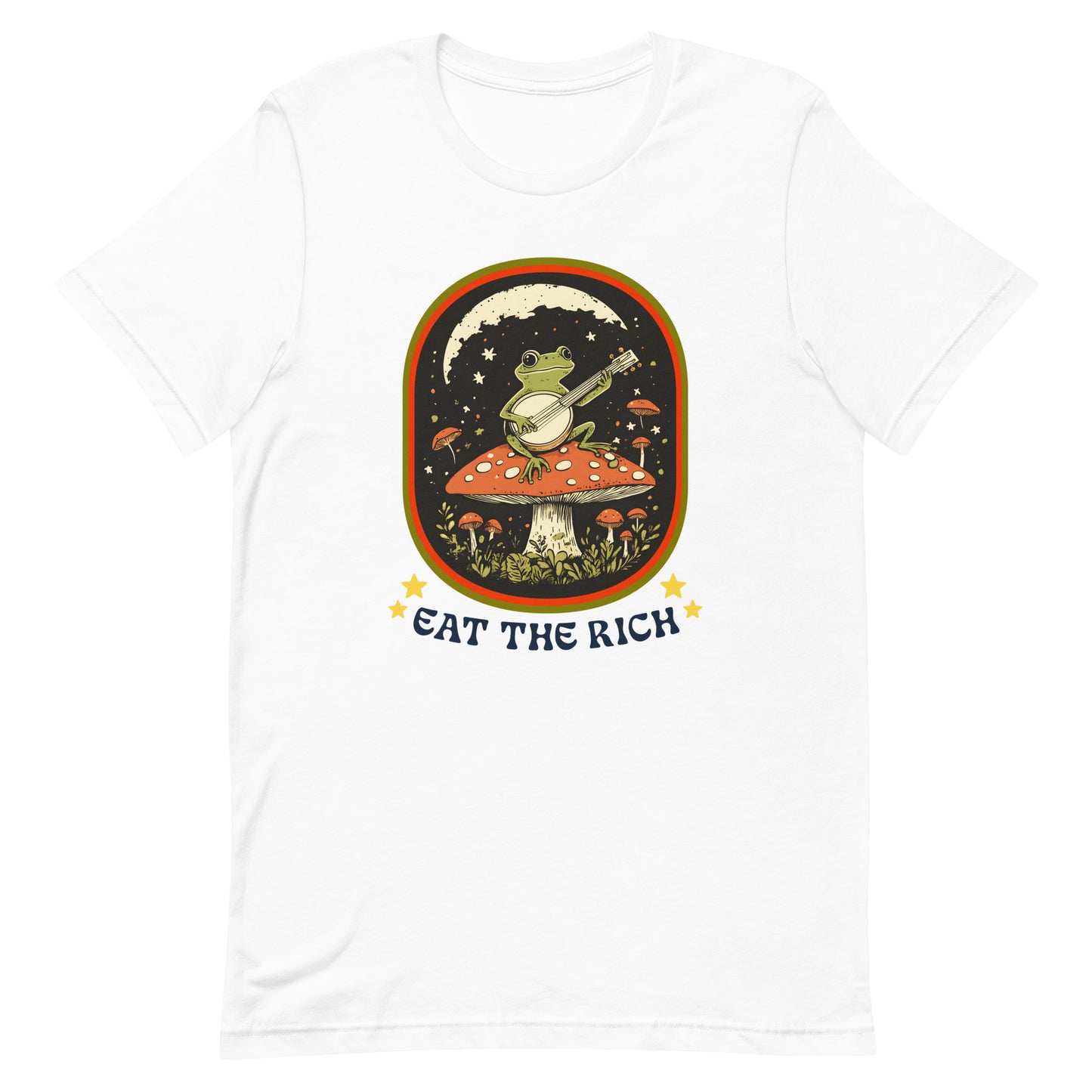 Front view of Eat The Rich Anti-Capitalism Unisex T-Shirt with retro frog design.