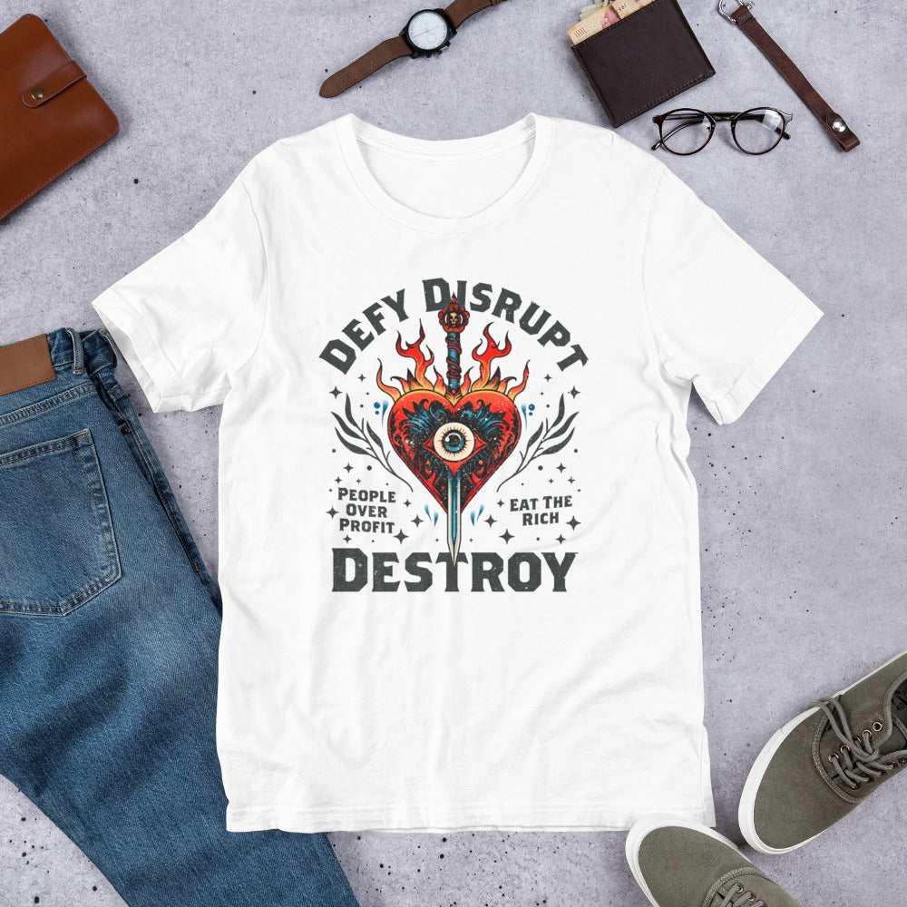Flat lay of the Anti-Capitalism T-shirt with protest signs and accessories.