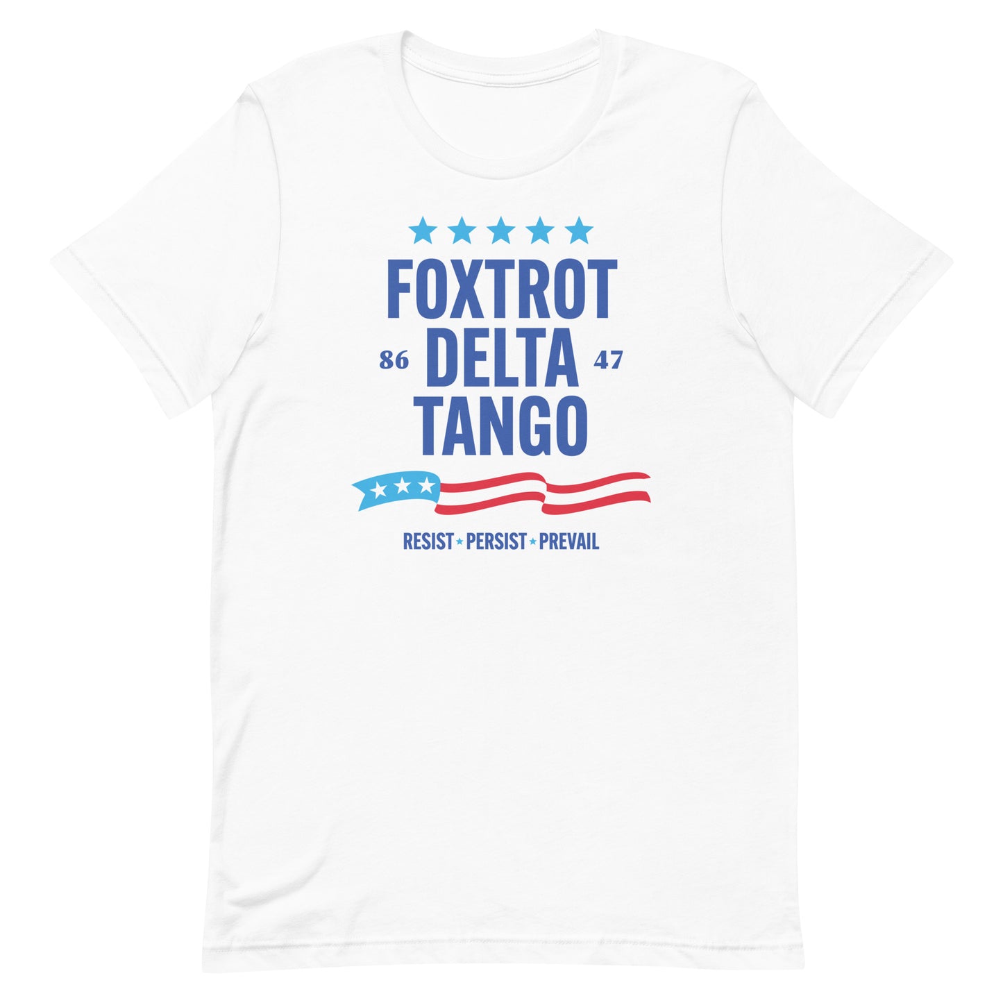 White unisex t-shirt featuring Foxtrot Delta Tango typography with patriotic stars and red-white stripe detail.