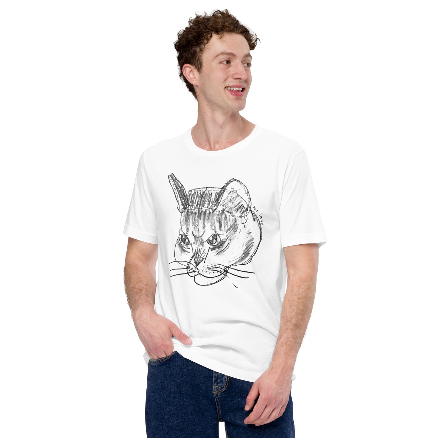 Lifestyle Image: Man wearing the Subtle Anti-Trump Cat T-Shirt in a casual setting.
