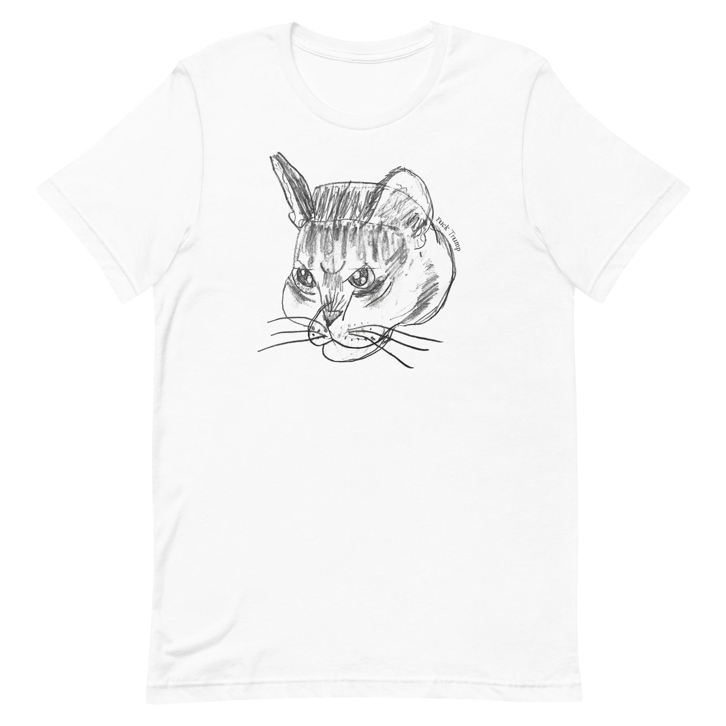 White unisex t-shirt featuring gray pencil-style cat illustration, Subtle Anti-Trump graphic with small embedded explicit text reading “Fuck Trump.”