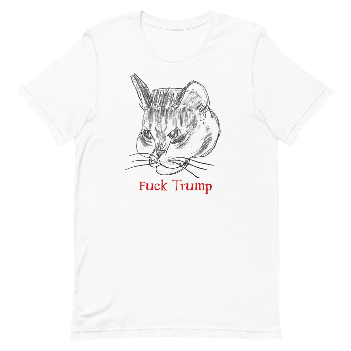 White unisex t-shirt featuring white illustrated cat head and red “Fuck Trump” text, bold protest graphic by Blue Wave USA.
