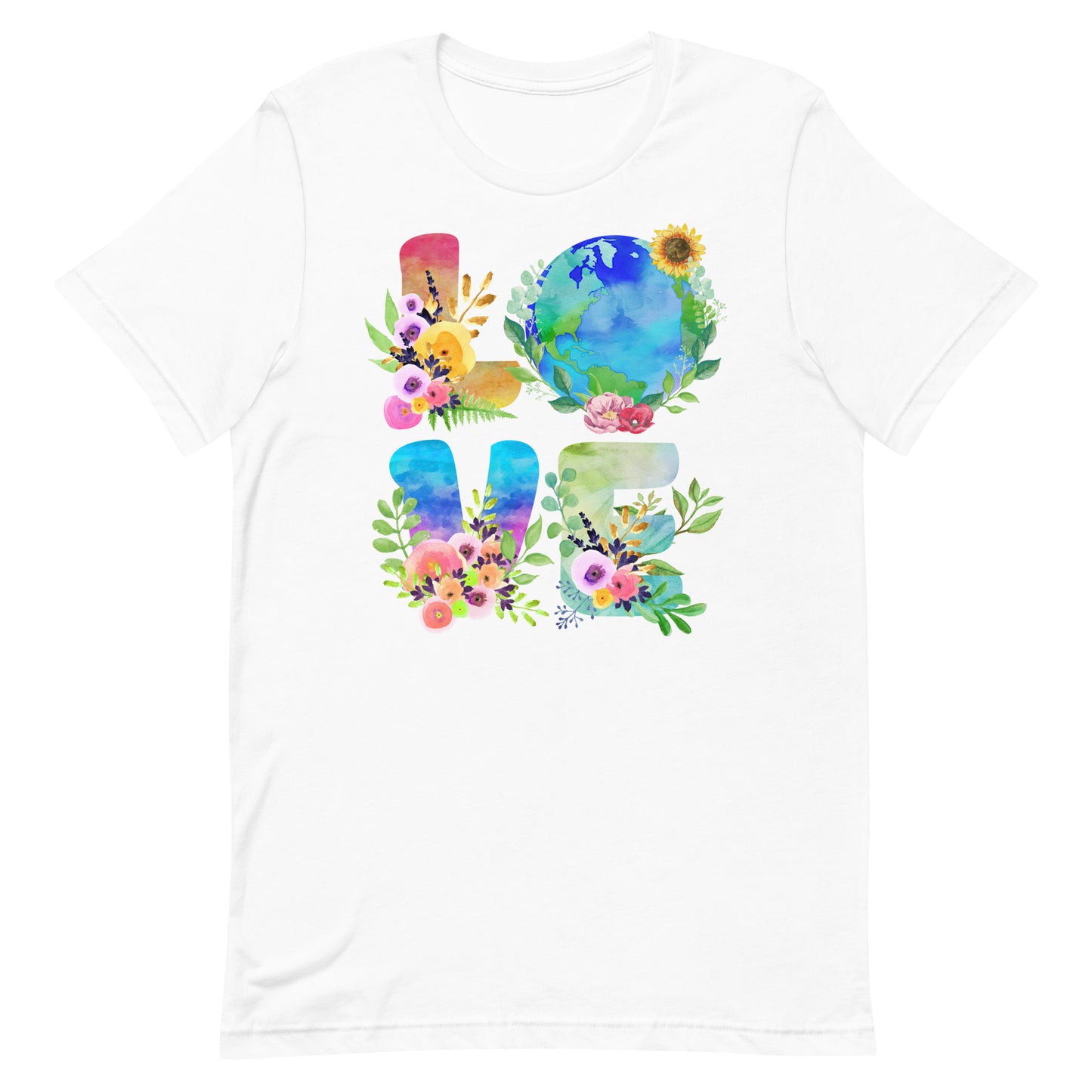 White “LOVE” Earth Floral t-shirt featuring globe and flower design for eco activists.