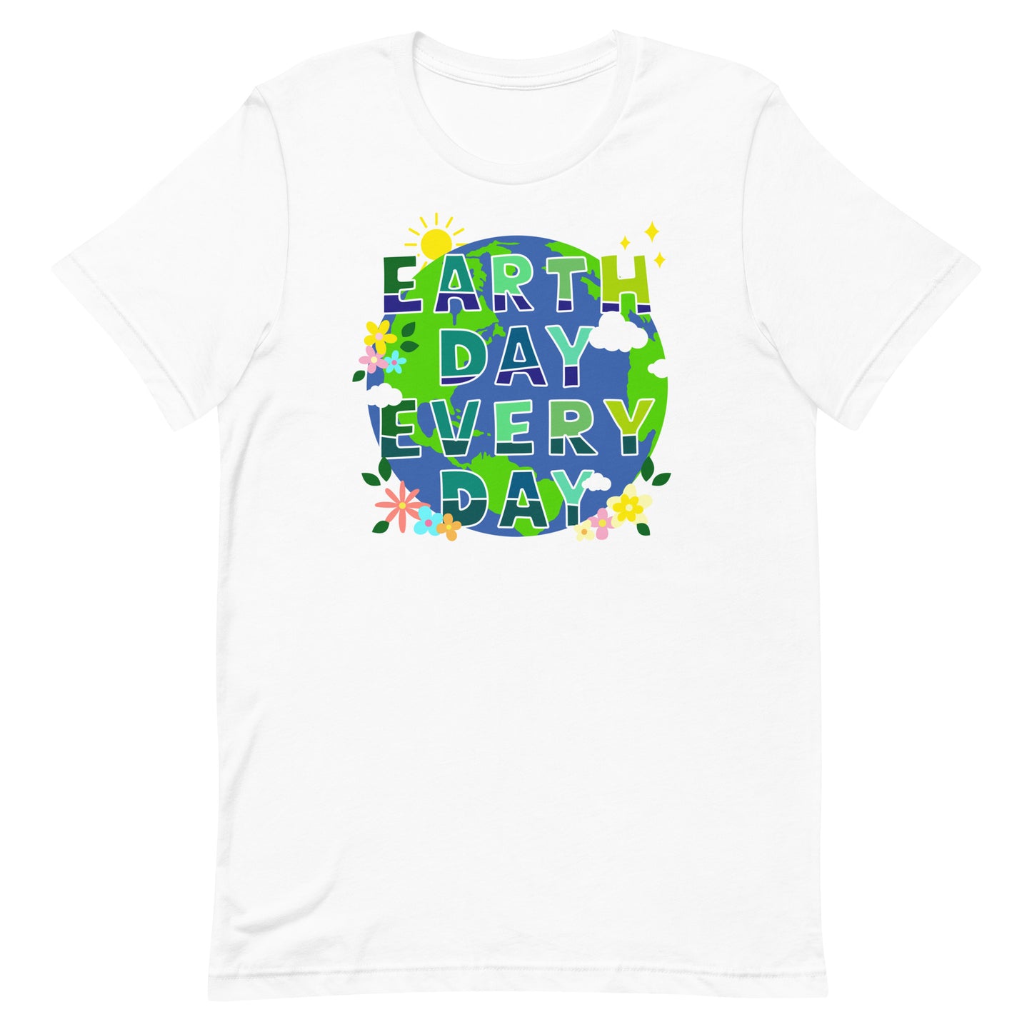 White “Earth Day Every Day” climate activist t-shirt with colorful floral Earth design.