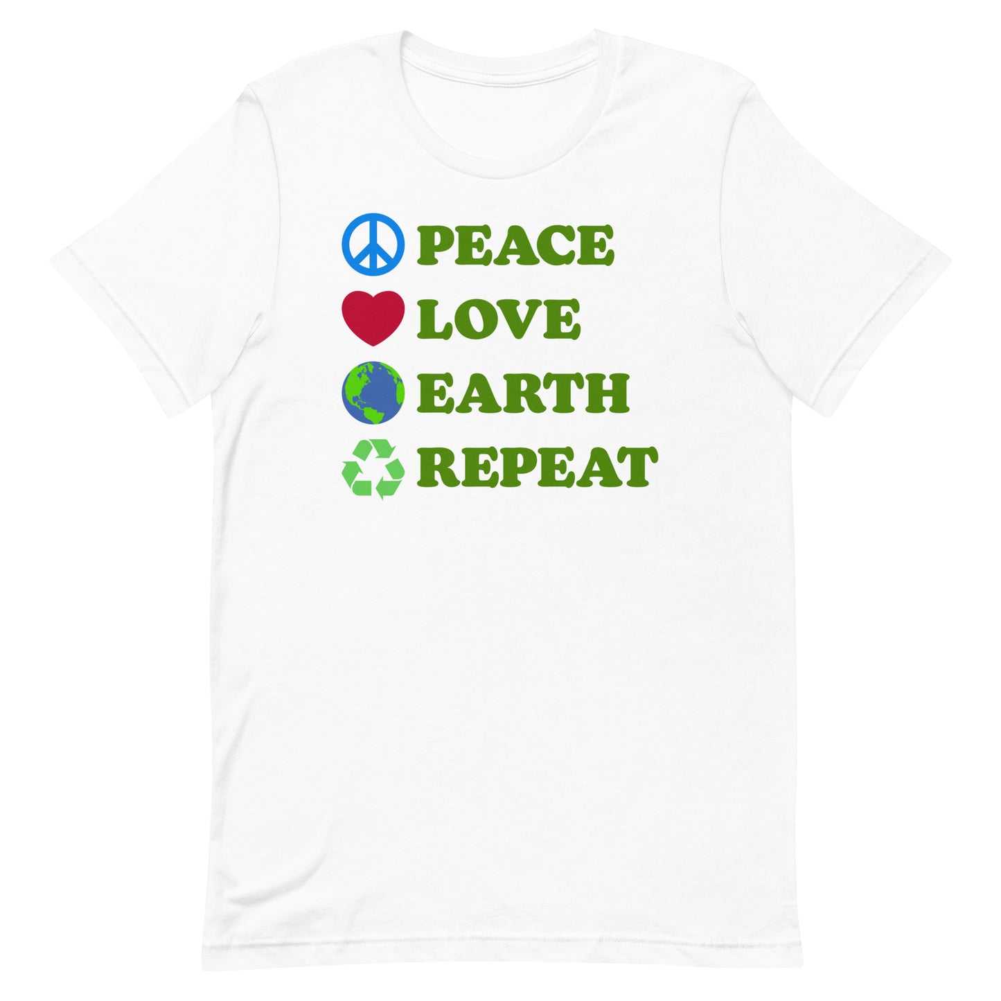 White “Peace Love Earth Repeat” eco-conscious climate activist t-shirt with peace, love, Earth, and recycle symbols.