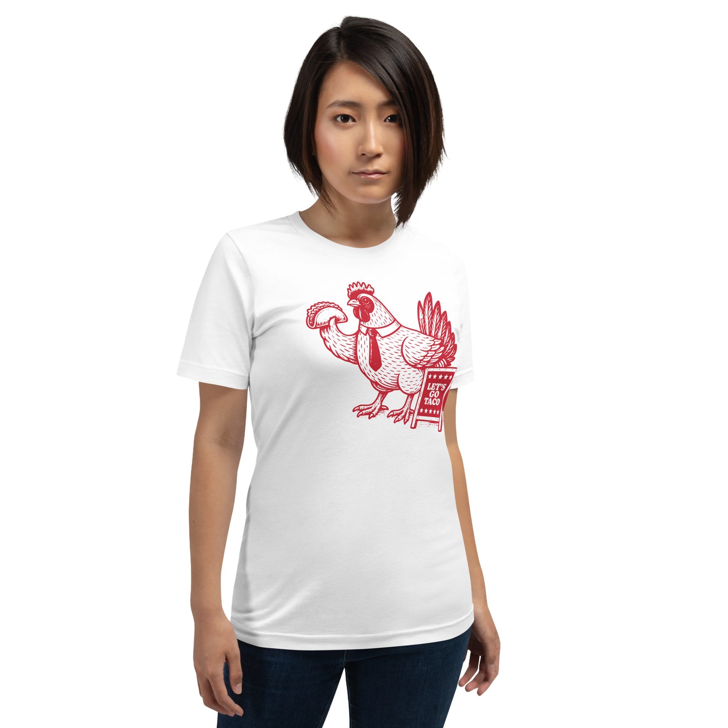 Lifestyle Image: Woman wearing the Let’s Go T.A.C.O. Shirt– Bold Political Statement