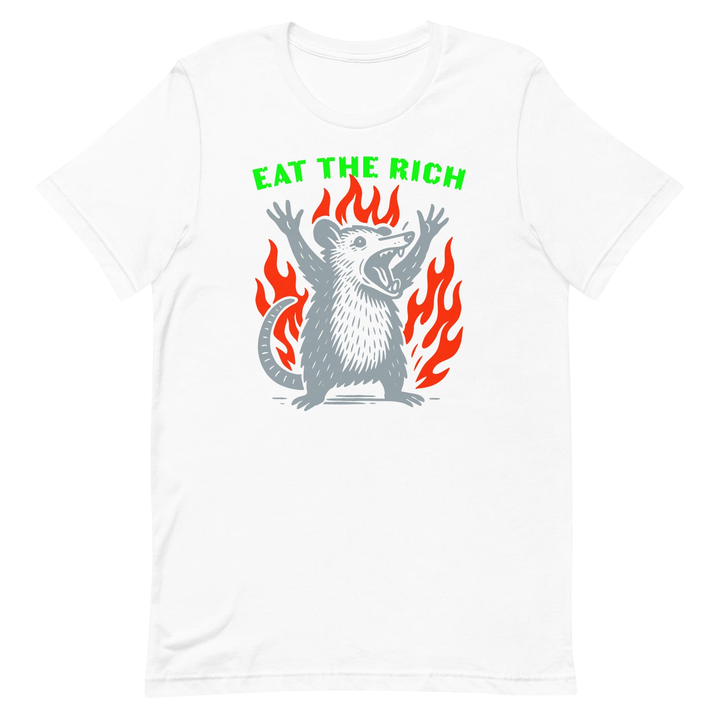 White unisex t-shirt featuring flaming opossum artwork and bold “Eat The Rich” anti-capitalist protest design.