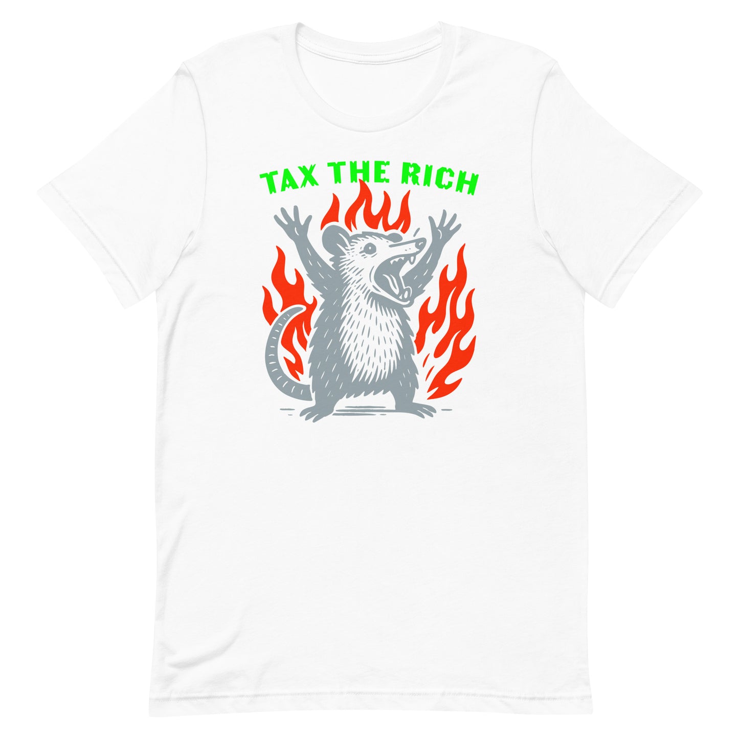 Front View Image: Tax The Rich Opossum T-Shirt – graphic with opossum and flames