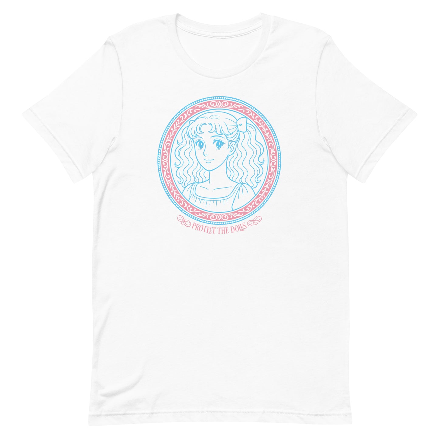 Front View Image: Protect The Dolls t-shirt with trans pride anime-style graphic