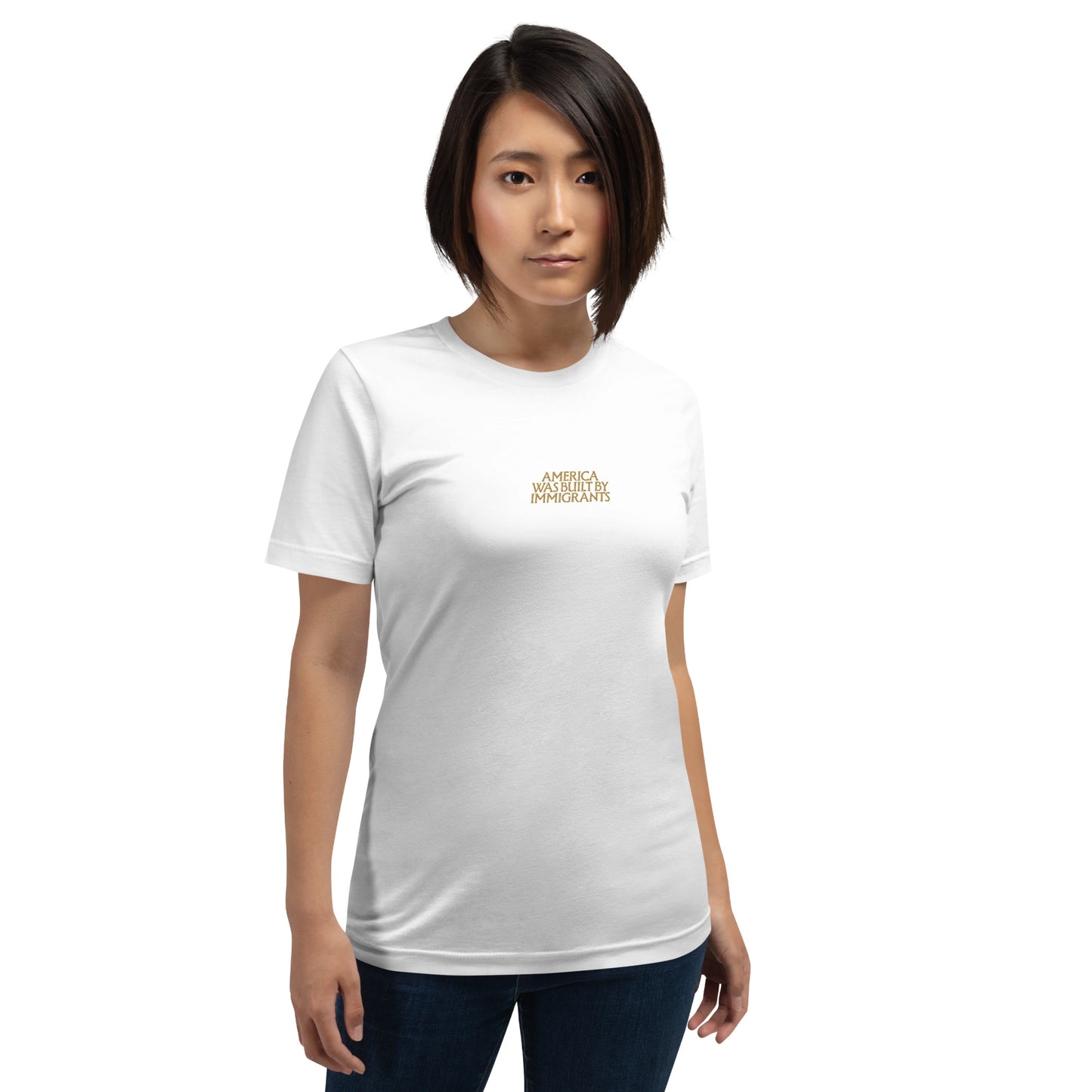 Asian woman wearing the "America Was Built By Immigrants" Pro-Immigrant Embroidered Unisex T-Shirt