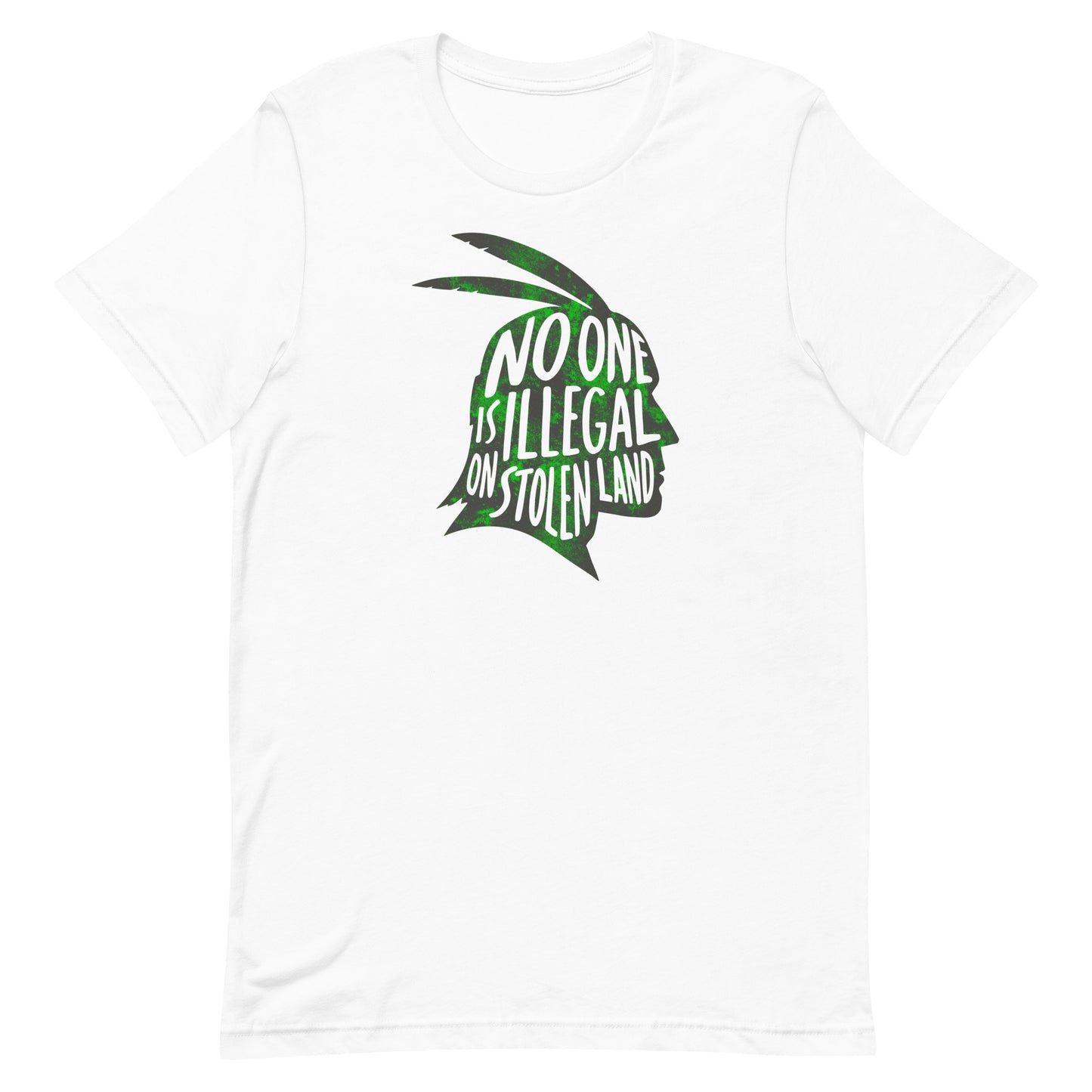 White unisex t-shirt featuring the green native american silhouette and message “NO ONE IS ILLEGAL ON STOLEN LAND,” offering a clean minimalist activist statement from Blue Wave USA.