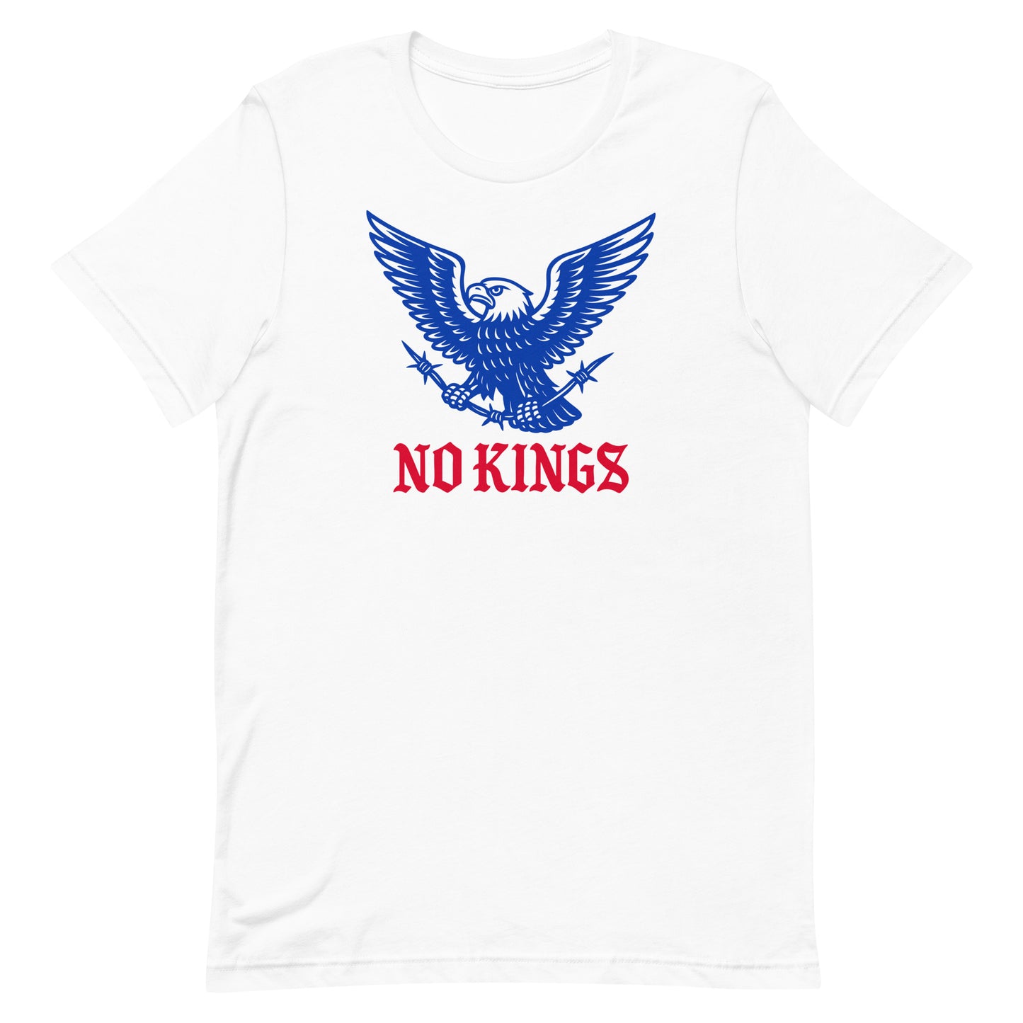 White “No Kings” unisex t-shirt from Blue Wave USA, featuring a stylized blue eagle and red text — powerfully simple, endlessly wearable.