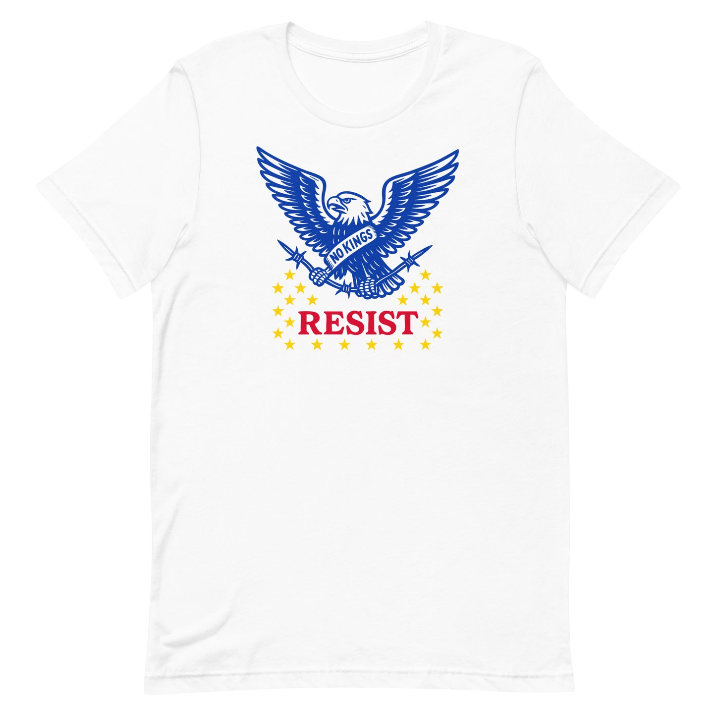 White unisex anti-Trump t-shirt mockup with a bold eagle design and the words “RESIST – No Kings in America” centered on the chest.