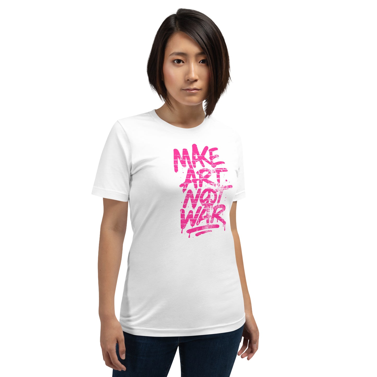 Woman protester wearing the Make Art Not War graffiti protest t-shirt with bold pink spray-paint lettering