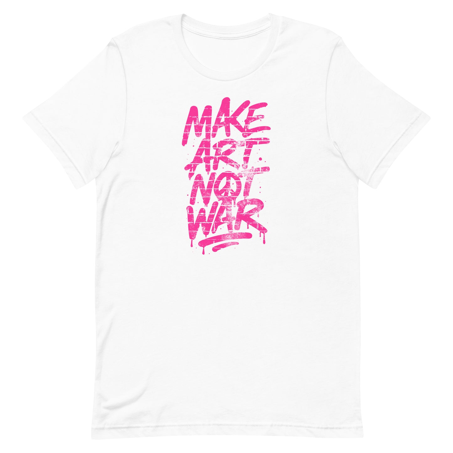 White unisex t-shirt displaying bright pink brush-style typography spelling “MAKE ART NOT WAR,” clean high-contrast anti-war graphic from Blue Wave USA.