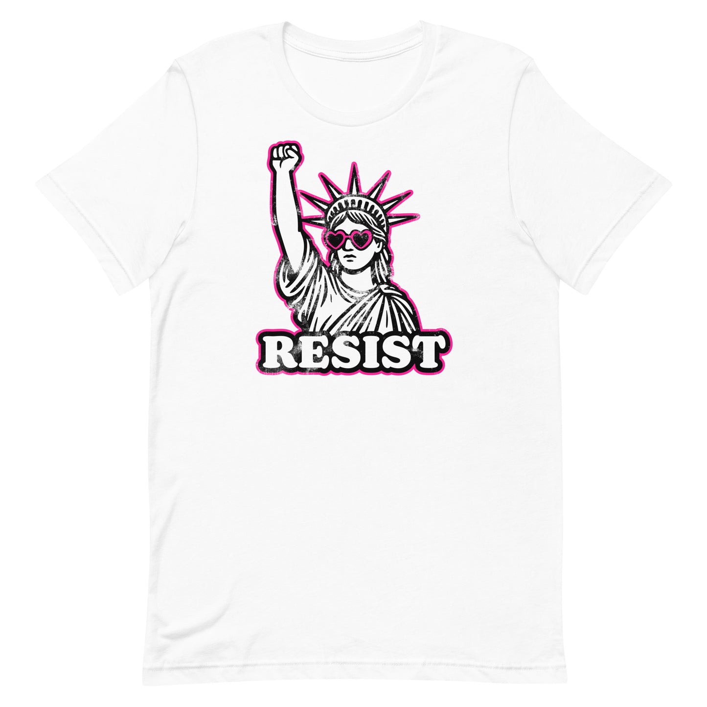 Front View Image: Front view of RESIST feminist t-shirt with raised fist Statue of Liberty and pink heart sunglasses