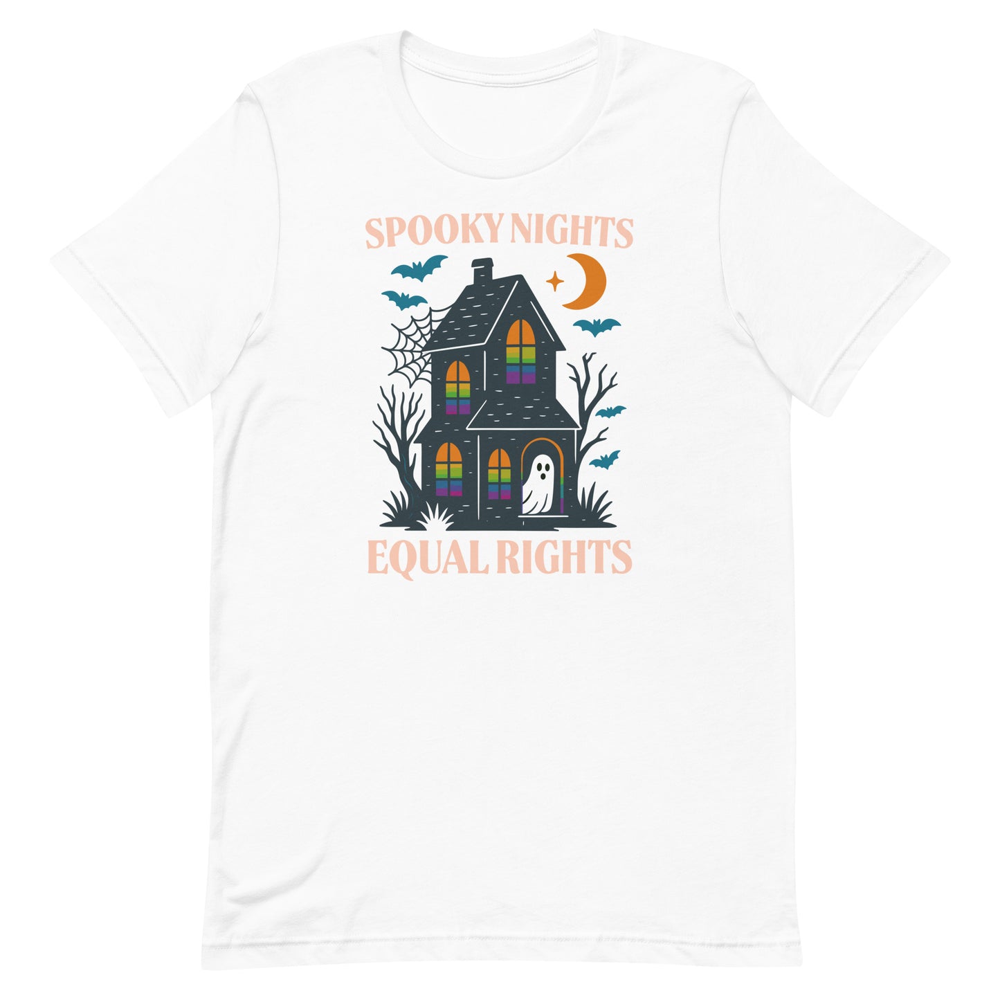 White “Spooky Nights Equal Rights” Halloween activist t-shirt with colorful haunted house, bats, and ghost.