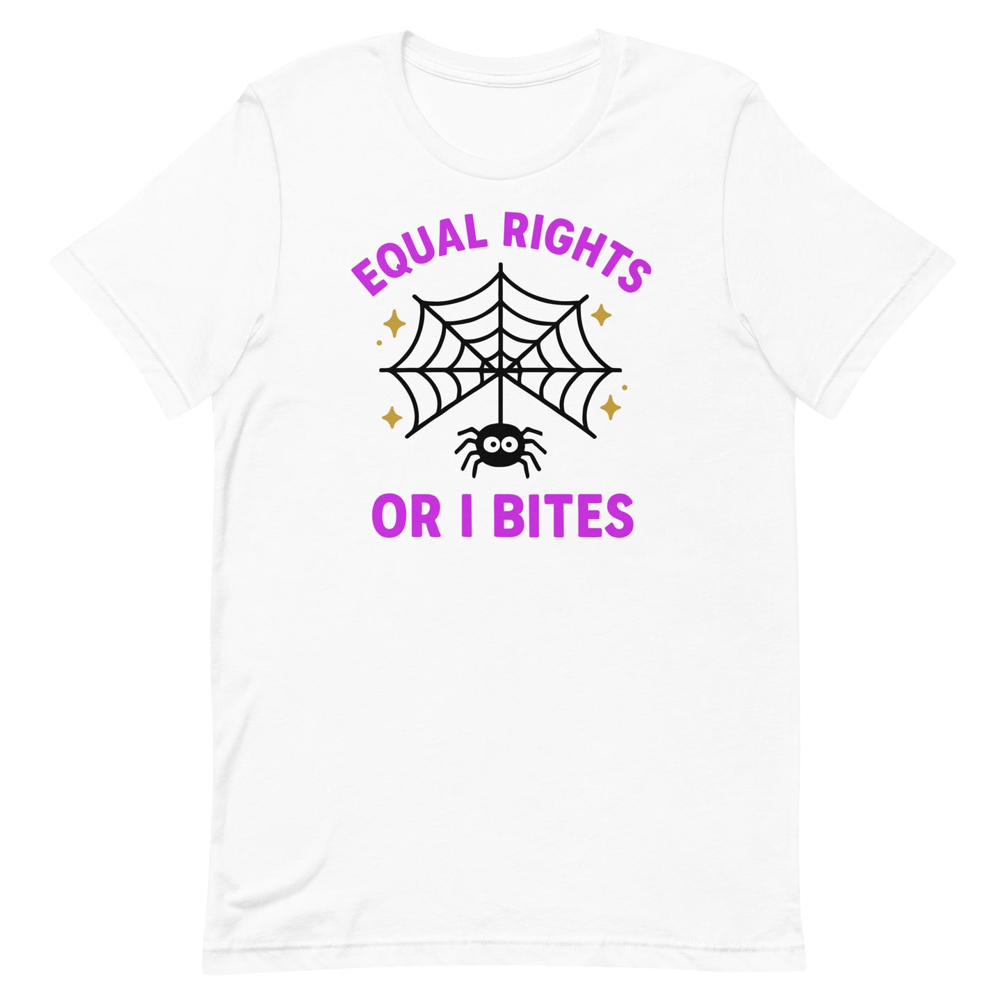 White “Equal Rights or I Bites” web and spider graphic shirt, feminist Halloween tee by Blue Wave progressive apparel.
