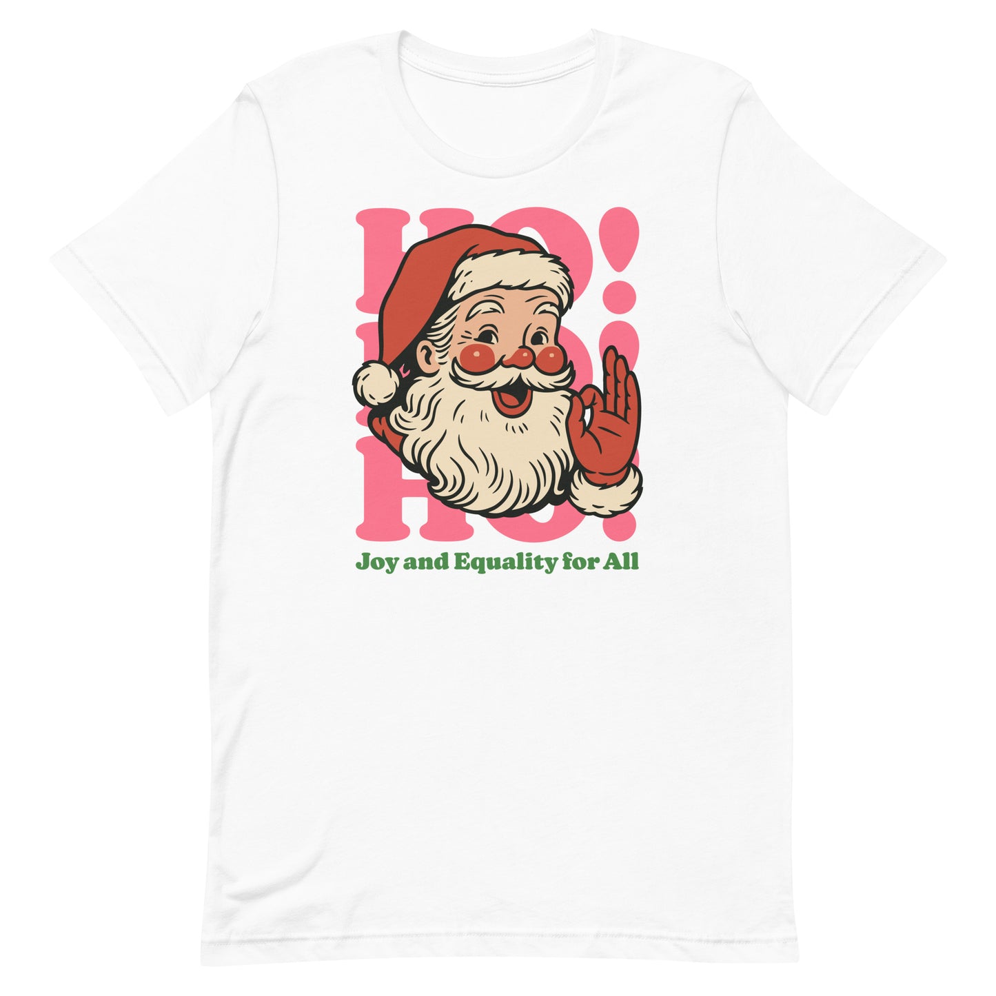 White unisex tee with the pink retro Santa design and “Joy and Equality for All,” a bright and modern holiday activism piece from Blue Wave USA.