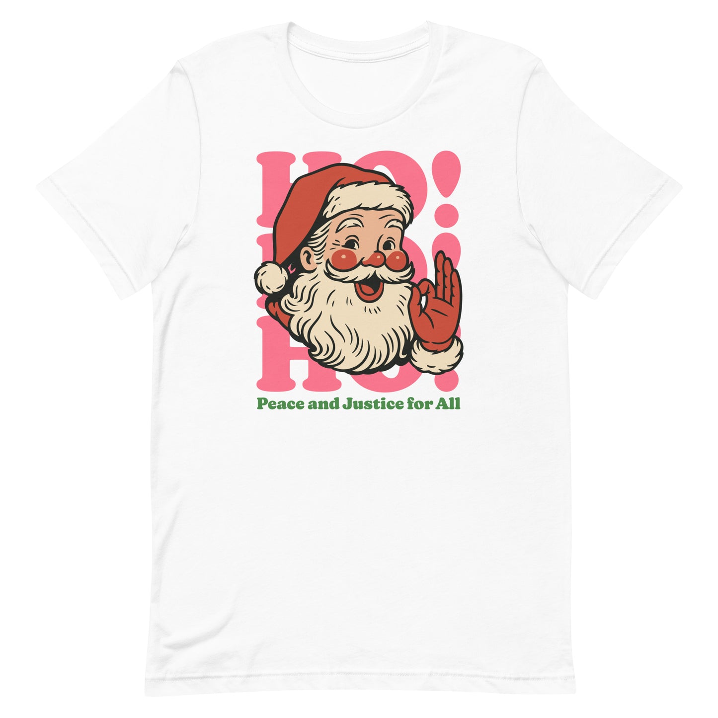 White “Peace and Justice for All” Santa t-shirt from Blue Wave USA, featuring a retro Santa face over pink “HO!” lettering.