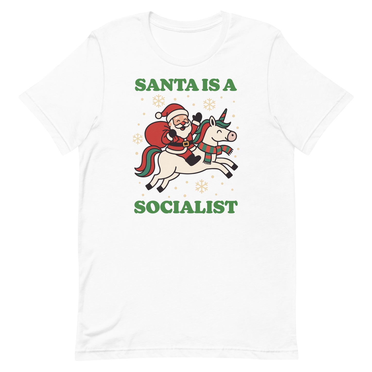 White t-shirt printed with a vintage Santa riding a unicorn, surrounded by stars, and the message “SANTA IS A SOCIALIST,” created by Blue Wave USA.