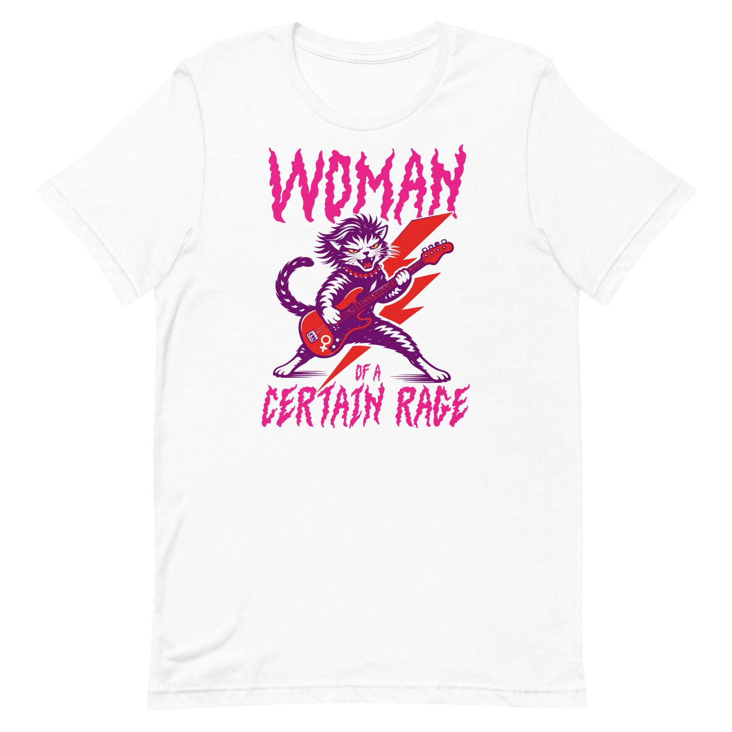 White unisex t-shirt shown flat, highlighting the feminist punk rock cat guitar illustration and bold distressed text reading “WOMAN OF A CERTAIN RAGE,” clean high-contrast design from Blue Wave USA.