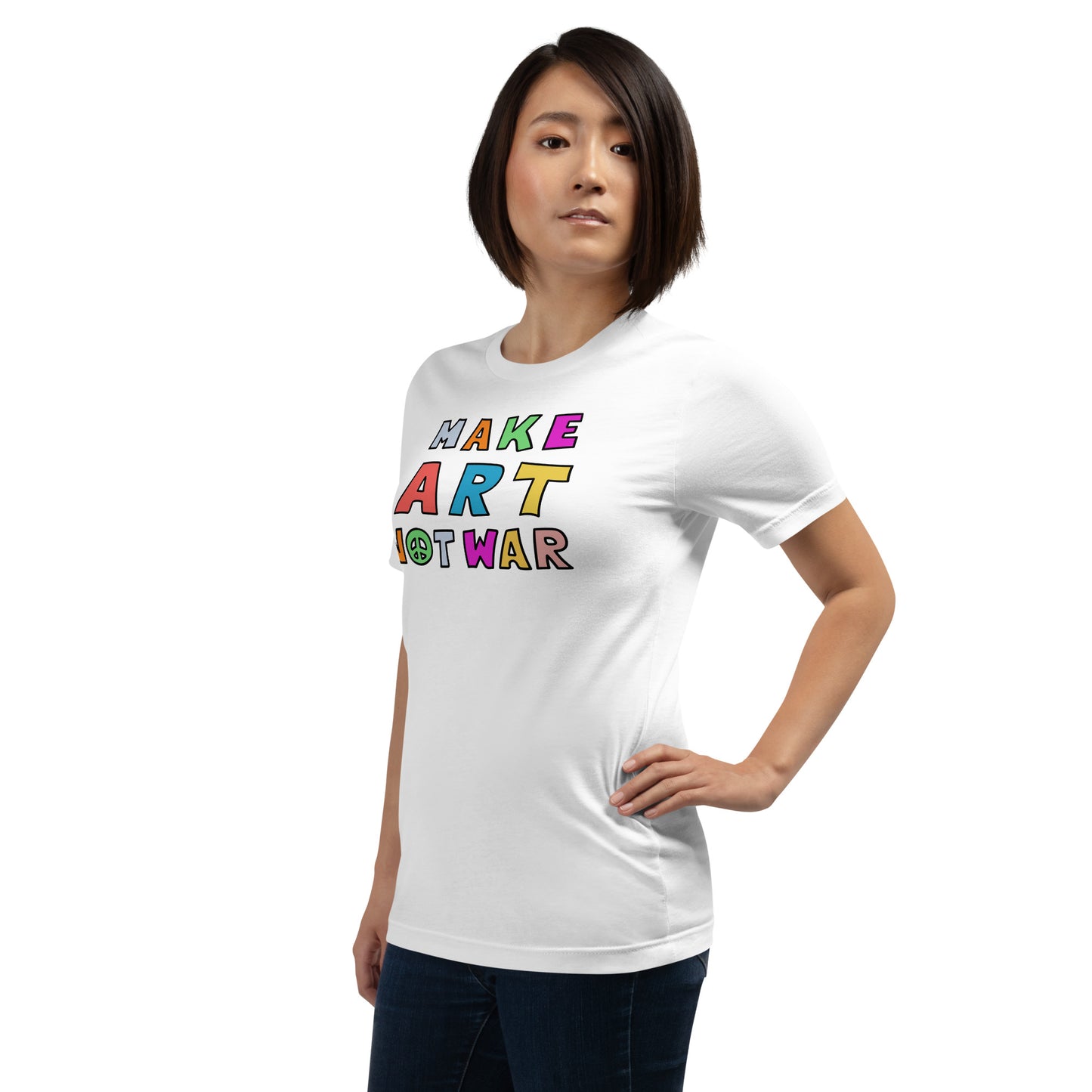 Lifestyle Image: Person wearing the Make Art Not War tee at a peaceful protest or artistic setting